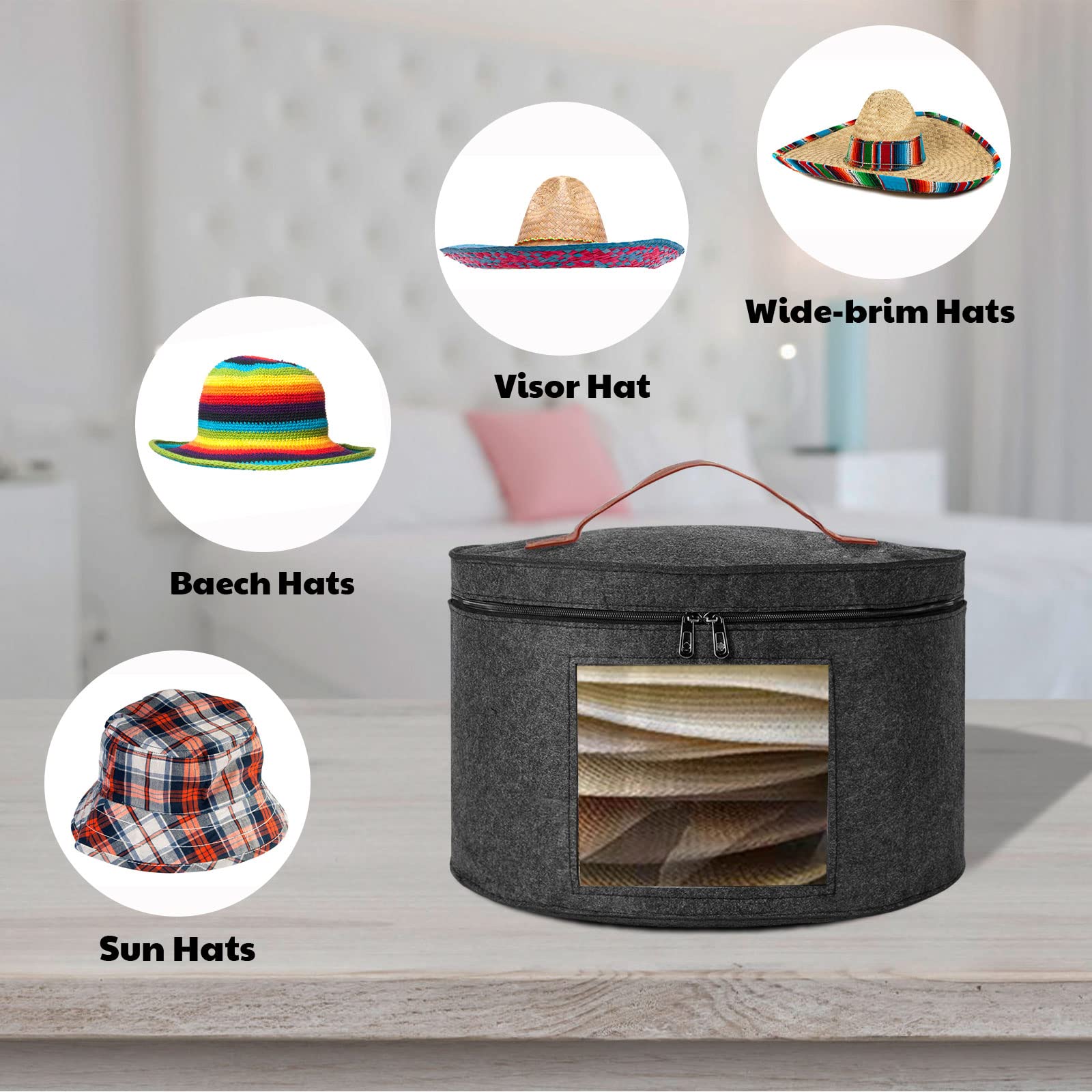 Women & Men Foldable Hat Storage Box - Large Dustproof Round Box for Hats & Toys - Dark Grey