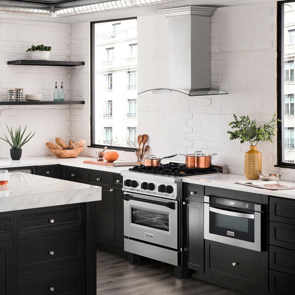 ZLINE Autograph Edition 30-inch 4.0 cu. ft. Dual Fuel Range - 4 Burner Gas Cooktop & Electric Convection Oven - Satin Stainless Steel with Matte Black Accents (RASZ SN 30 MB) - Perfect for Modern Kitchens & Professional Chefs