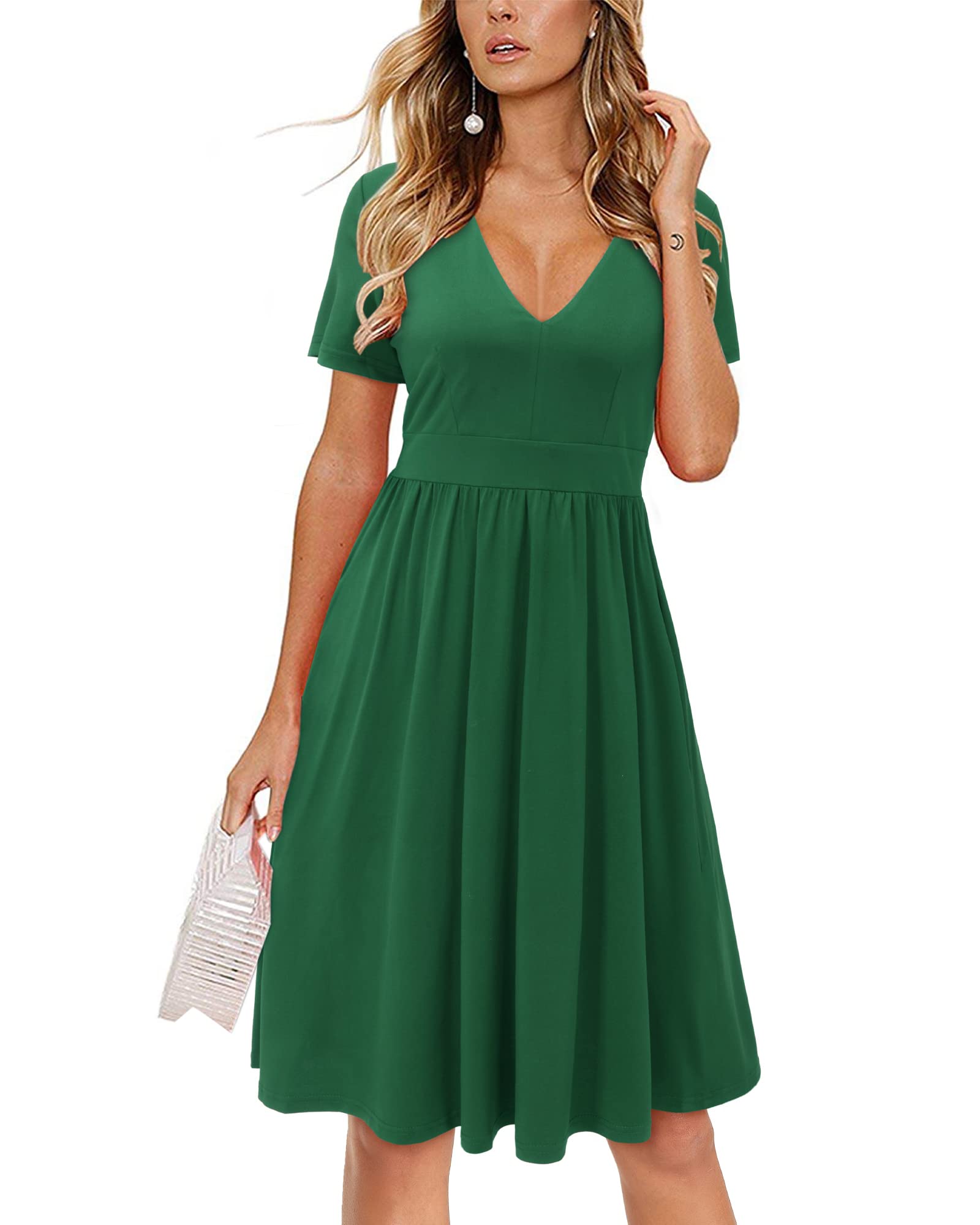 ULTRANICE Women's Casual V-Neck Swing Midi Dress with Pockets - Flowy Summer Dress for Brunch, Date Night & Vacation