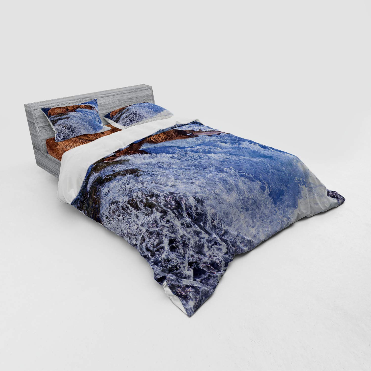 Ambesonne Nature Duvet Cover Set - Grizzly Bear at Katmai National Park Alaska Waterfall Wildlife Design, 4-Piece Queen Size Bedding Set with Shams & Fitted Sheet in White & Brown | Perfect for Wildlife Lovers' Bedrooms, Cozy Cabin Retreats & Nature-Inspired Home Decor
