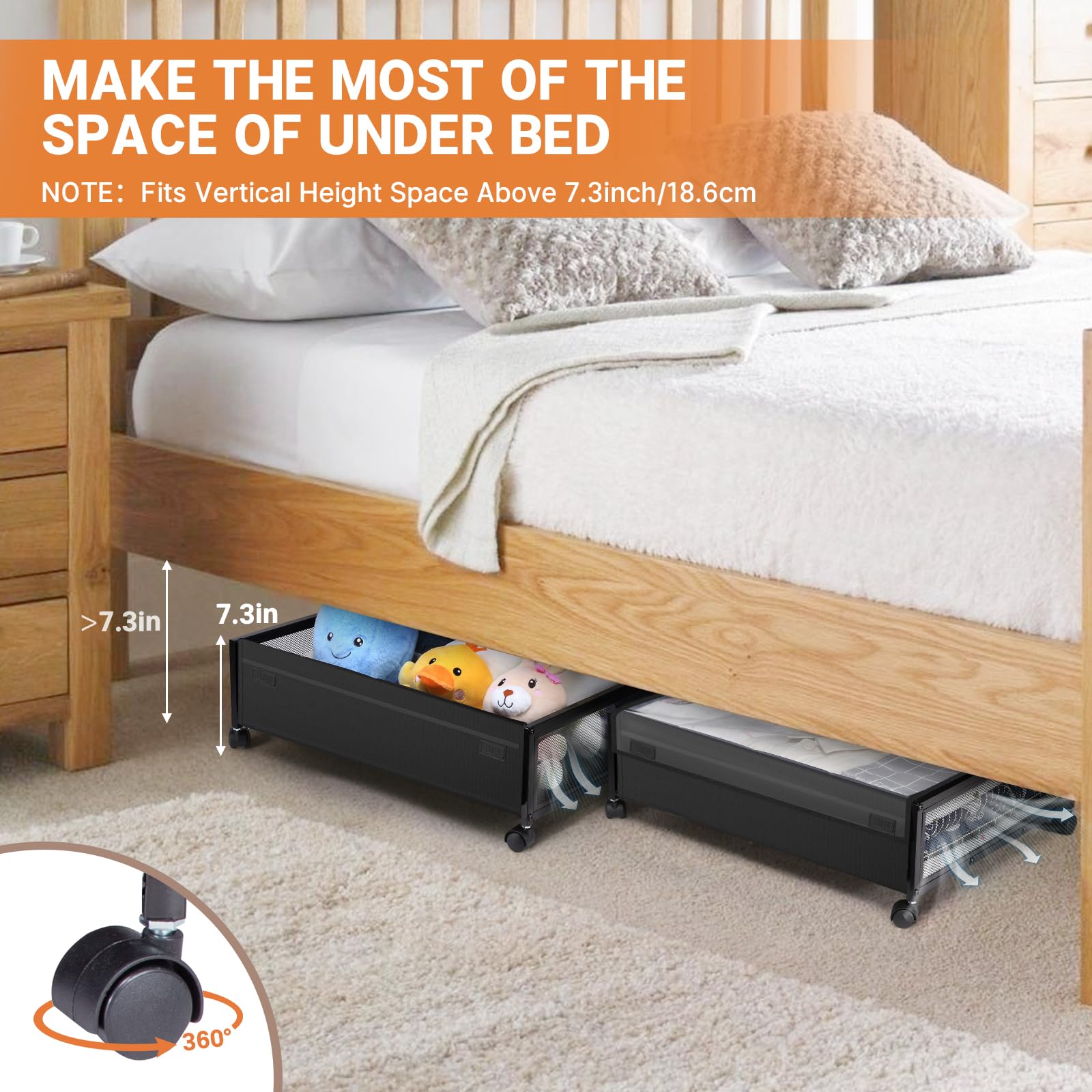 2-Pack Under Bed Storage Bins with Wheels & Lids - Fulpower Rolling Underbed Organizer Containers for Clothes, Shoes, Toys, Books & Blankets | Space-Saving Bedroom & Closet Storage Solution