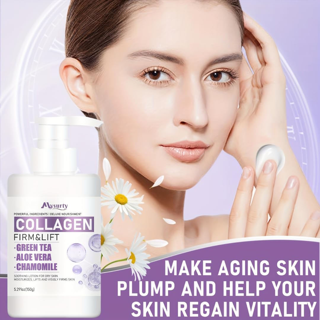 Collagen Body Lotion with Aloe Vera, Green Tea & Chamomile - Hydrating & Repairing Moisturizer for Dry Skin on Face & Body - 150ml | Perfect for Daily Skincare Routine & Post-Sun Care