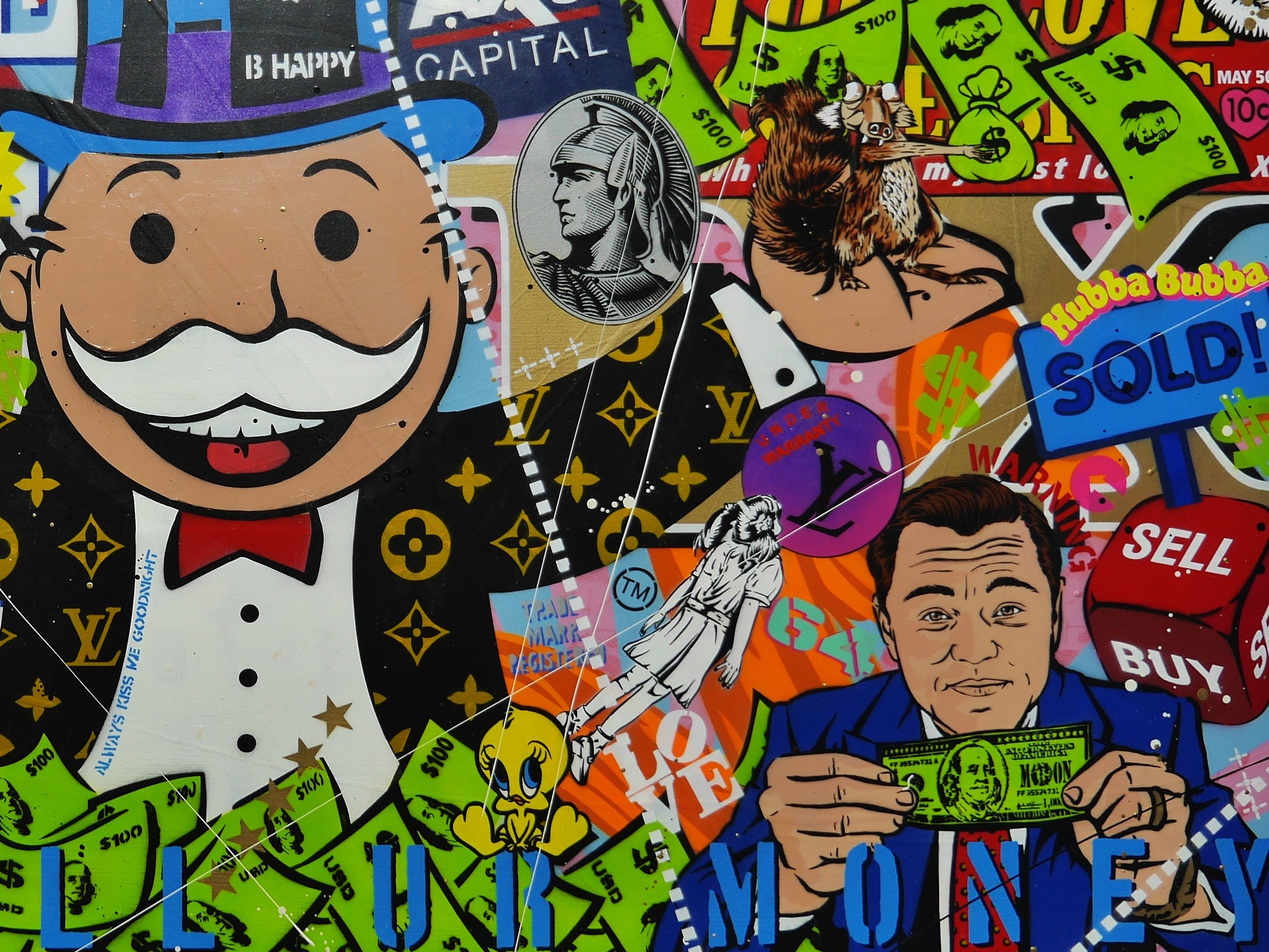 Money Master 190cm x 100cm Monopoly Man Textured Urban Pop Art Canvas - Large Wall Art for Living Room, Office Decor - Modern Spray Paint Painting for Gamers & Art Collectors