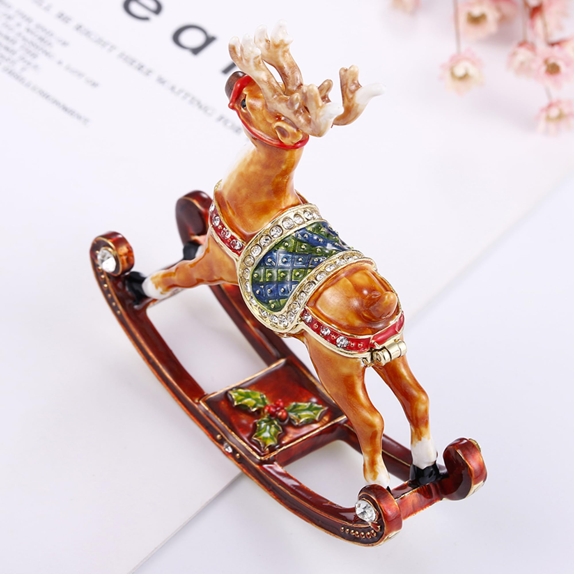 Hand Painted Enamel Reindeer Jewelry Box - Hinged Trinket Box for Rings & Necklaces, Classic Bejeweled Storage Organizer, Collectible Figurine Home Decor Gift | Perfect for Christmas Decor, Jewelry Storage & Keepsake Display