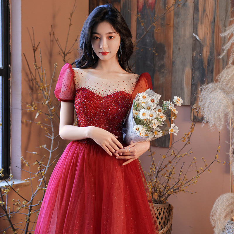 Elegant A-Line Beaded Long Prom Dress with Short Sleeves - Formal Evening Gown for Homecoming, Wedding, and Special Occasions