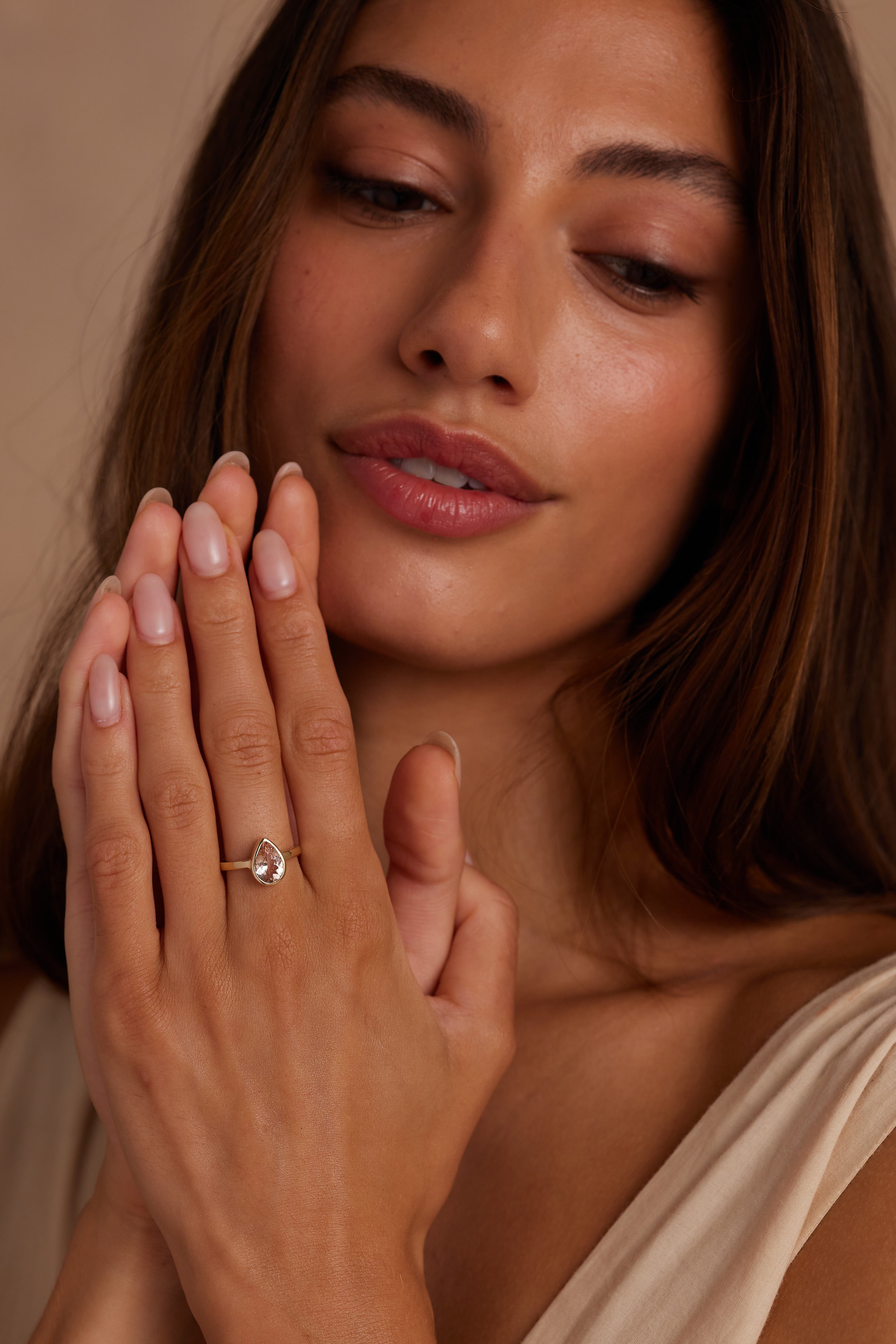 14K Yellow Gold Morganite Pear Band Ring - Elegant Wedding, Engagement & Anniversary Jewelry Gift for Her