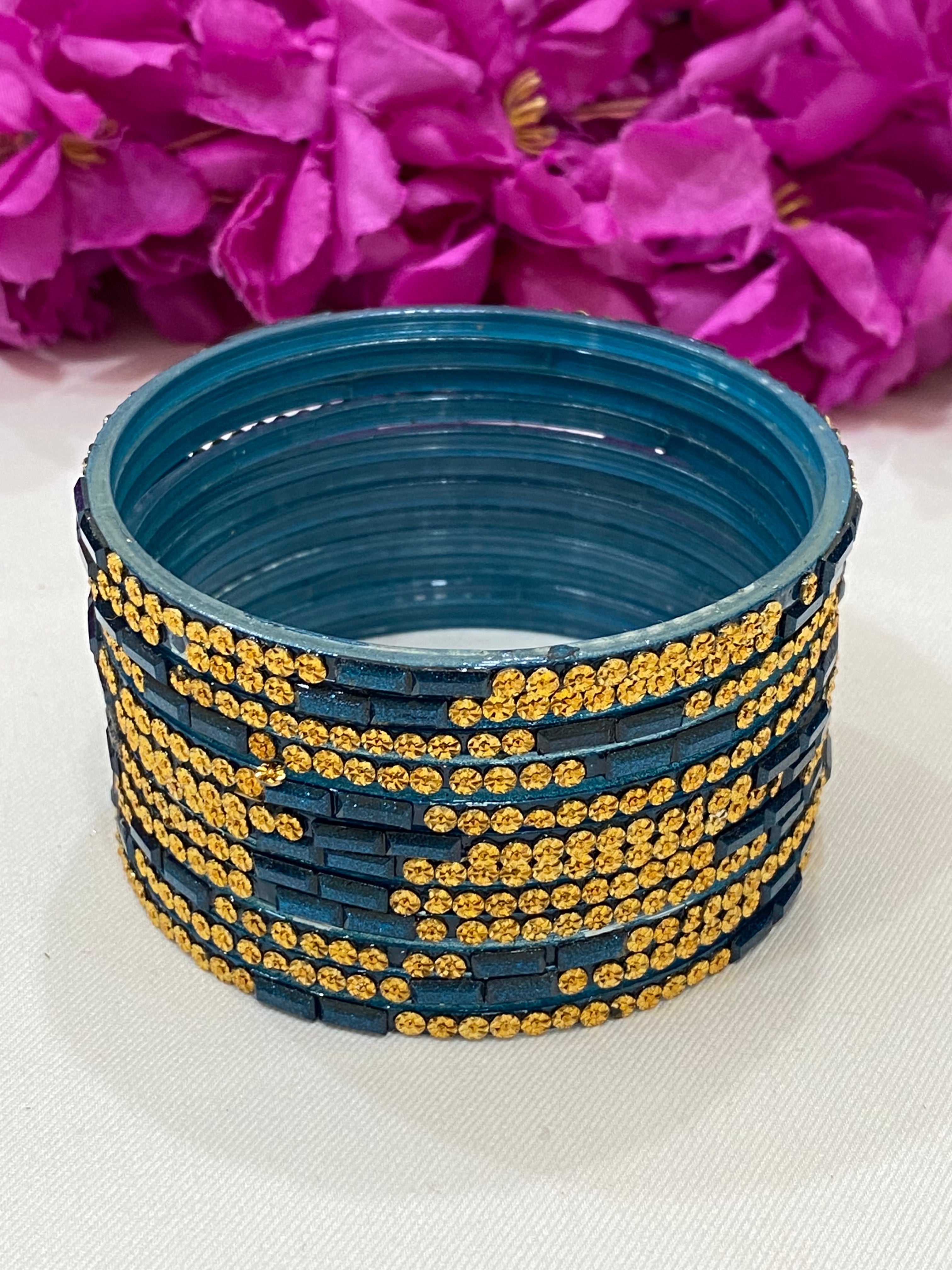 Elegant Teal Blue Stone-Designed Glass Bangles for Women - Perfect for Parties, Weddings & Casual Wear
