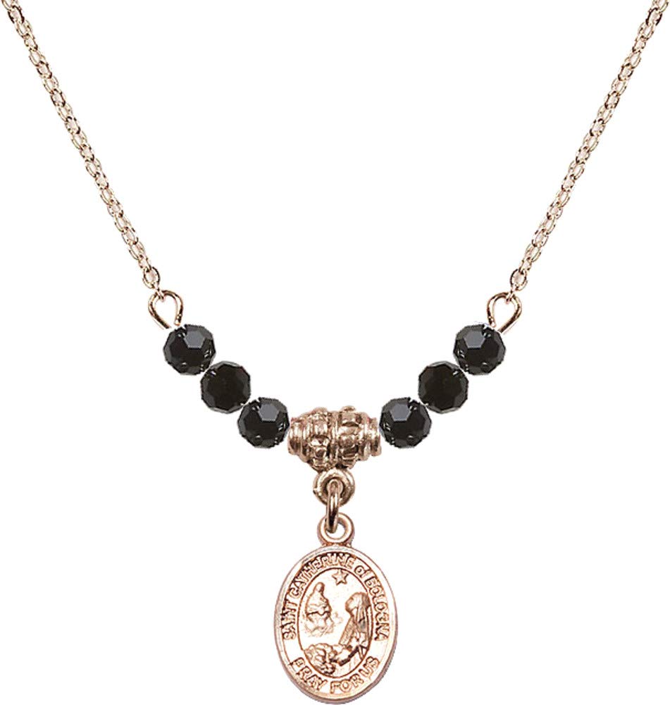 Bonyak 18K Gold Plated Hamilton Necklace with 4mm Jet Birthstone Beads & St. Catherine of Bologna Charm - Elegant Jewelry Gift for Women, Birthday, Anniversary, Baptism & Special Occasions