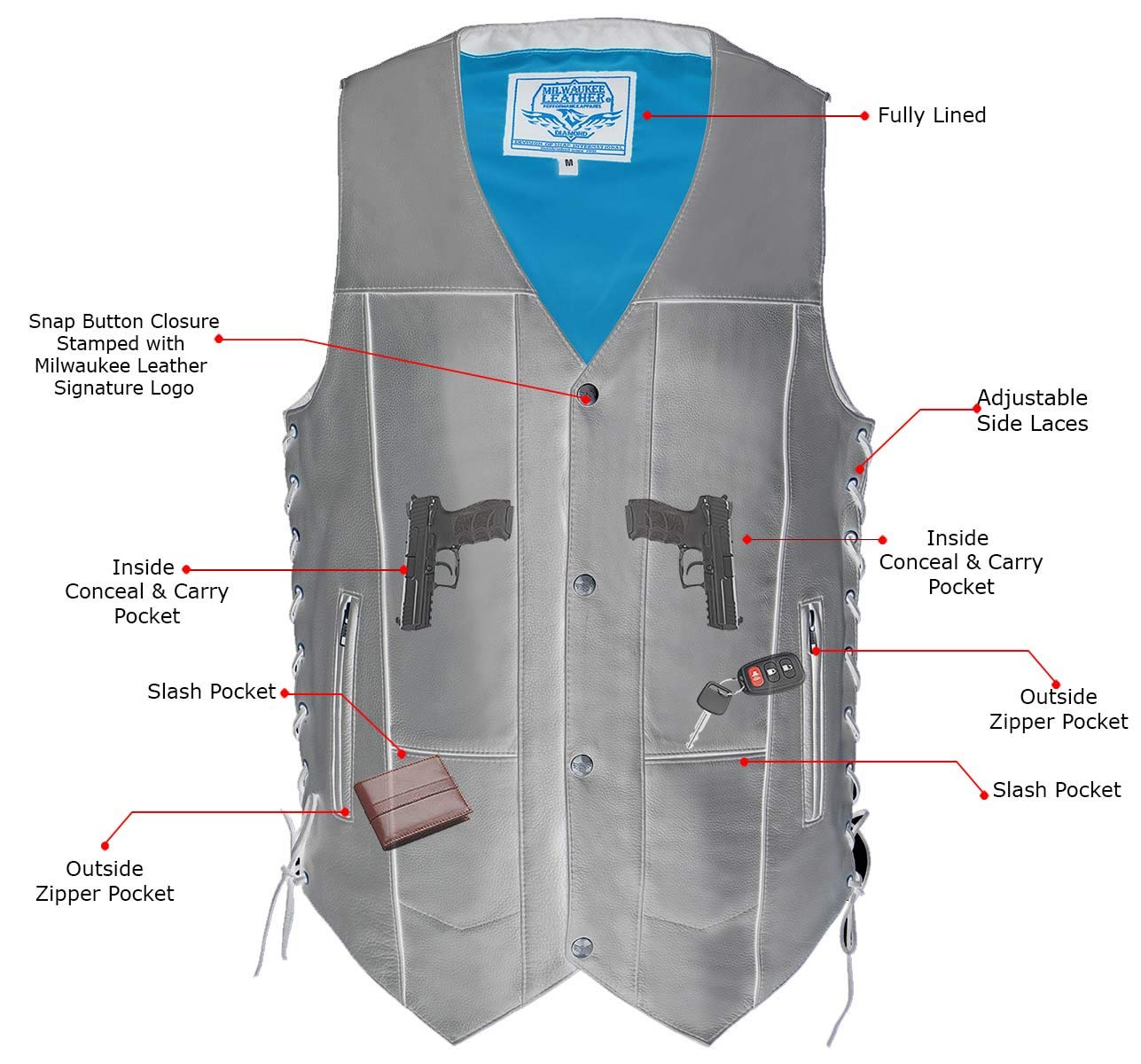 Milwaukee Leather MLM3541 Men's Roulette Black Premium Motorcycle Vest - 10 Pockets, Cool-Tec Leather Treatment | Durable Biker Jacket for Riding & Outdoor Adventures