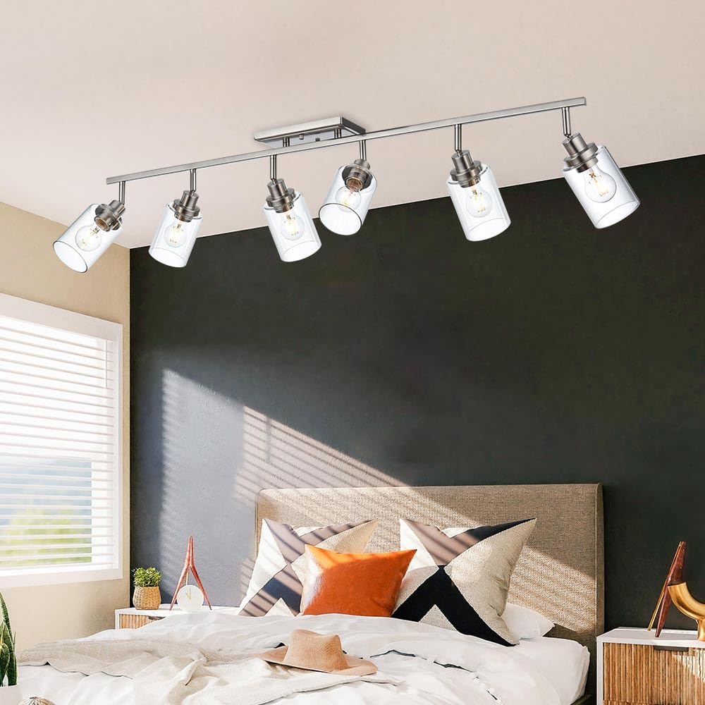 6-Light Brushed Nickel Track Lighting Fixture with Clear Glass Shade - Modern Semi-Flush Ceiling Spot Light for Bathroom Vanity, Mirror Cabinets, Kitchen & Living Room - Perfect for Ambient and Task Lighting in Home & Office Spaces