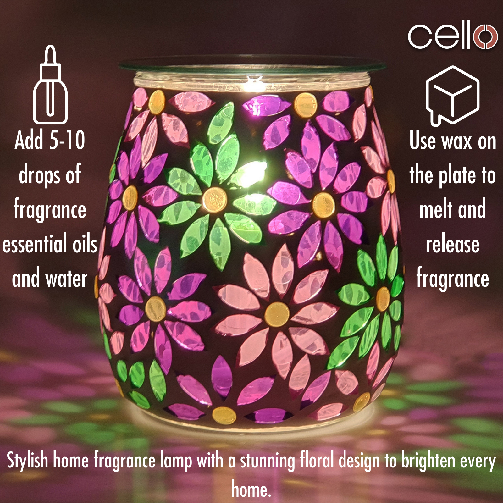 Cello Electric Wax Warmer with Mosaic Glass Design - Pretty Petals Floral Aromatherapy Wax Melter for Home, Office & Spa Relaxation