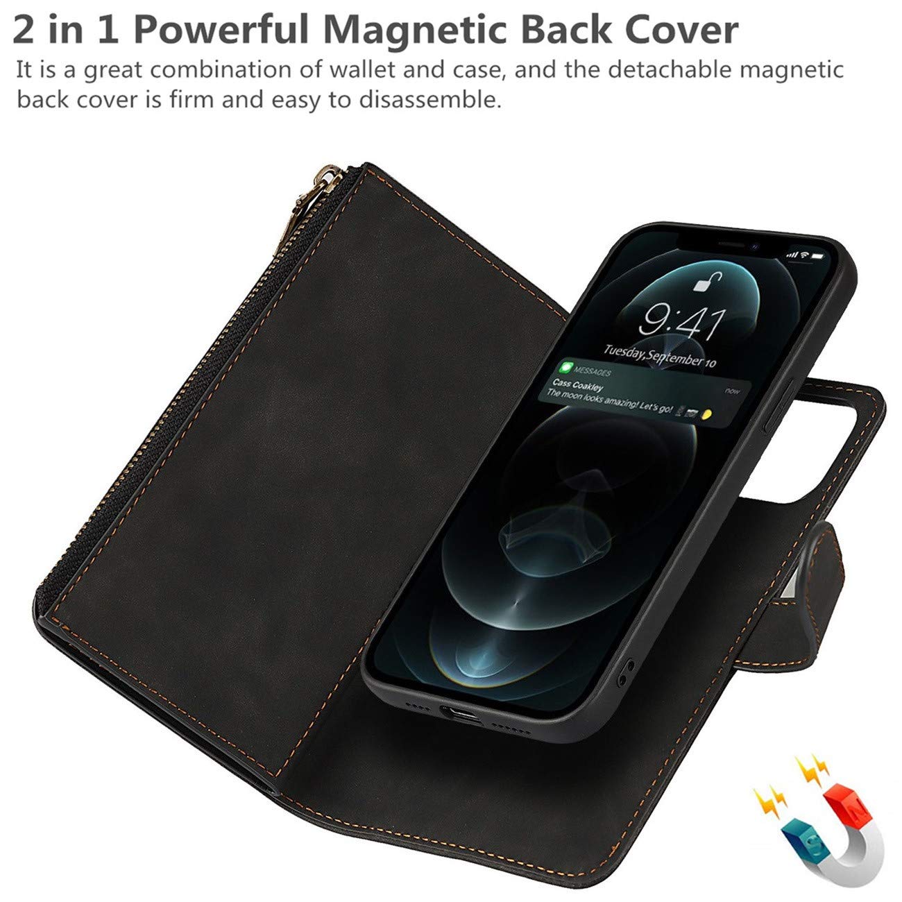 Premium PU Leather iPhone 12/12 Pro Wallet Case with Card Holder & Magnetic Clasp - 2-in-1 Shockproof Flip Cover with Detachable Wrist Strap & Zipper Pocket (Black) - Perfect for Everyday Use, Travel & Hands-Free Convenience