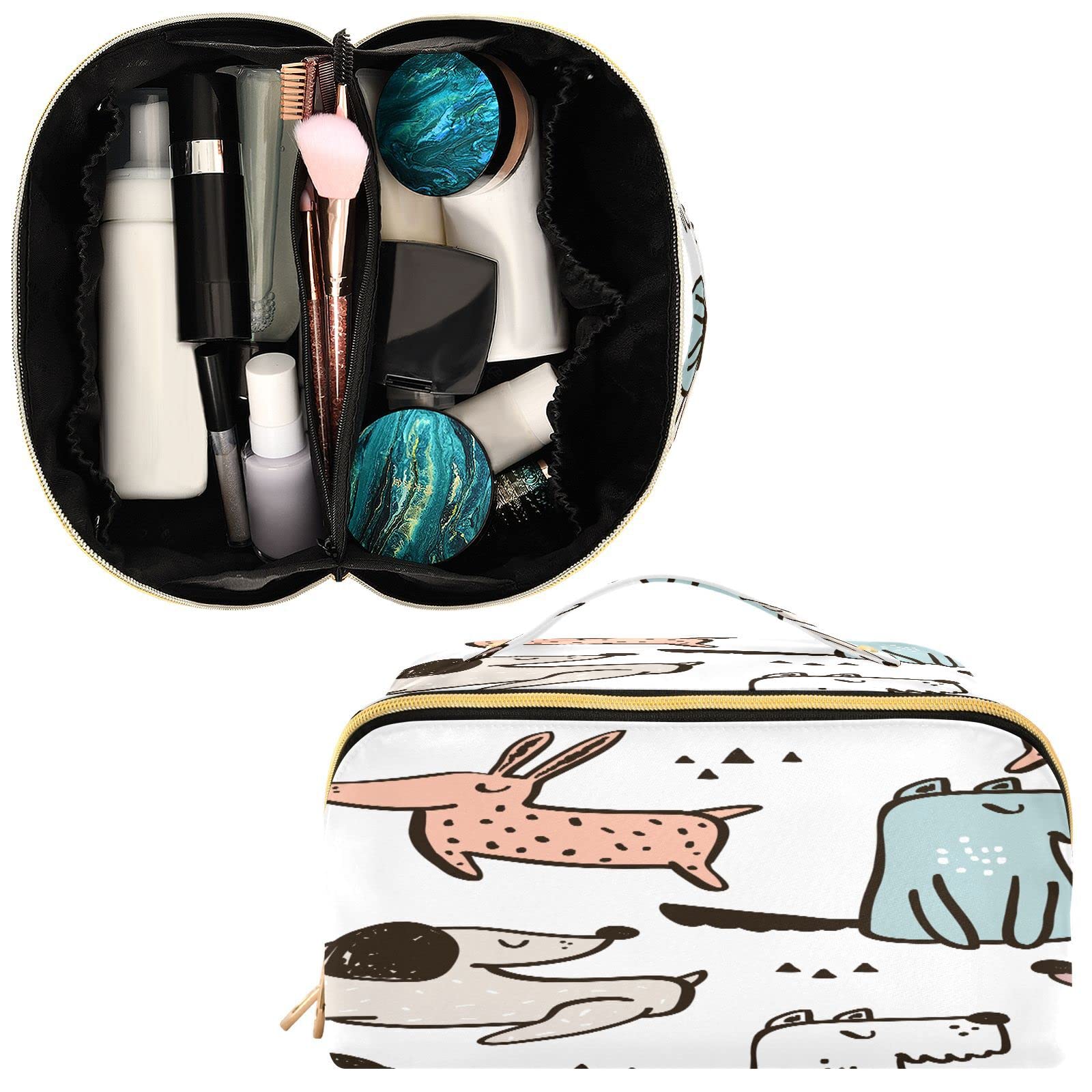 Cute Rhombus Cosmetic Bag with Dog Print - Large Capacity Travel Makeup Organizer for Women & Girls, Portable Toiletry Bag with Handle - Perfect for Travel, Gym, and Daily Storage