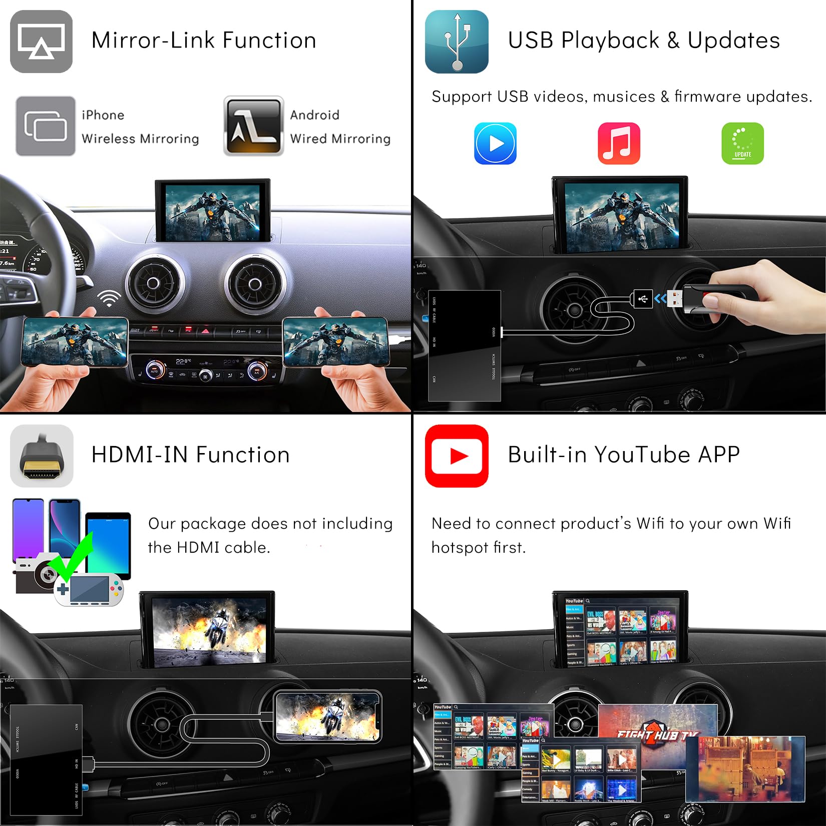 Wireless CarPlay & Android Auto Retrofit Kit for Audi A3 A4 A5 Q5 Q7 B9 (2013-2019) - AirPlay & MirrorLink Support, iOS 14 Split Screen, USB Playback, Built-in YouTube App | Perfect for Commuting, Road Trips & Hands-Free Navigation
