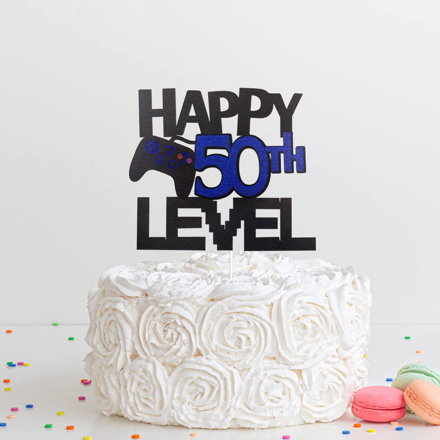 Happy 50th Birthday Video Game Cake Topper - Glitter Gamer Level 50 Unlocked Party Decoration - Perfect for Gaming Themed Birthday Cakes & Anniversary Celebrations