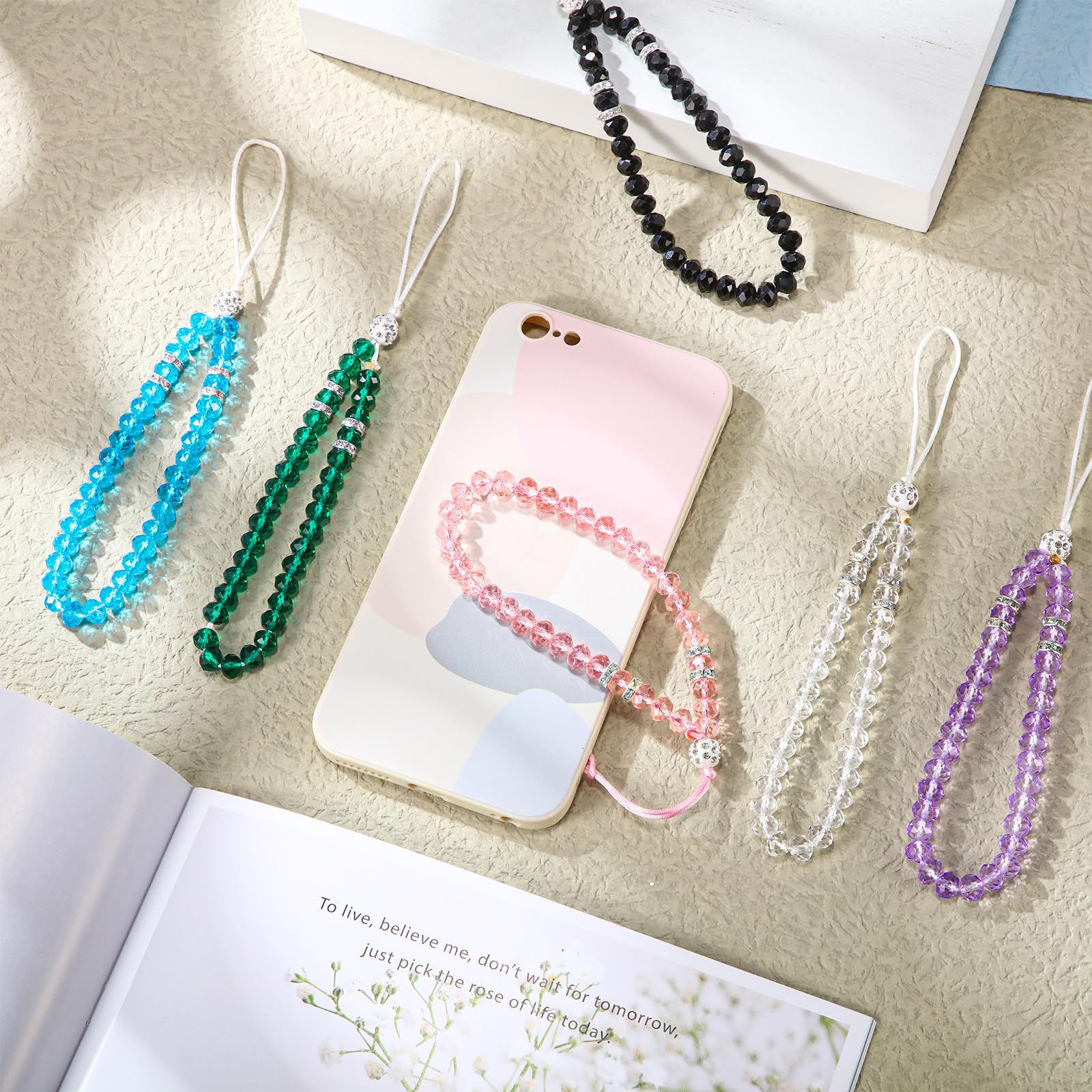 6Pcs Beaded Phone Lanyard - Crystal Charm Wrist Strap for Women (Classic Colors) - Perfect for Parties & Daily Use