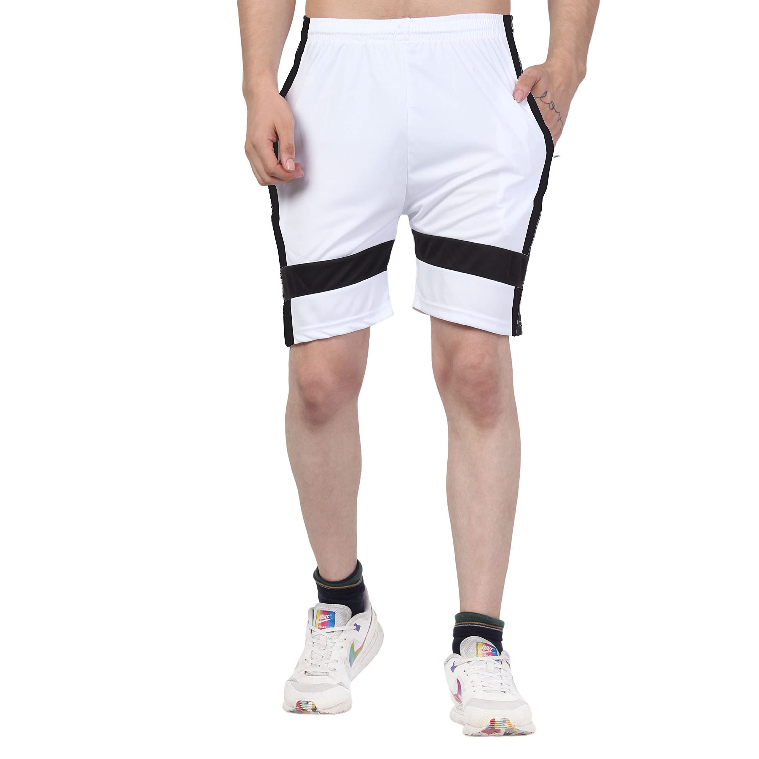Shape-X Dry Fit Sports Shorts with Zipper Pockets for Men & Women - White/Black | Gym Workout, Running, Yoga & Outdoor Activities