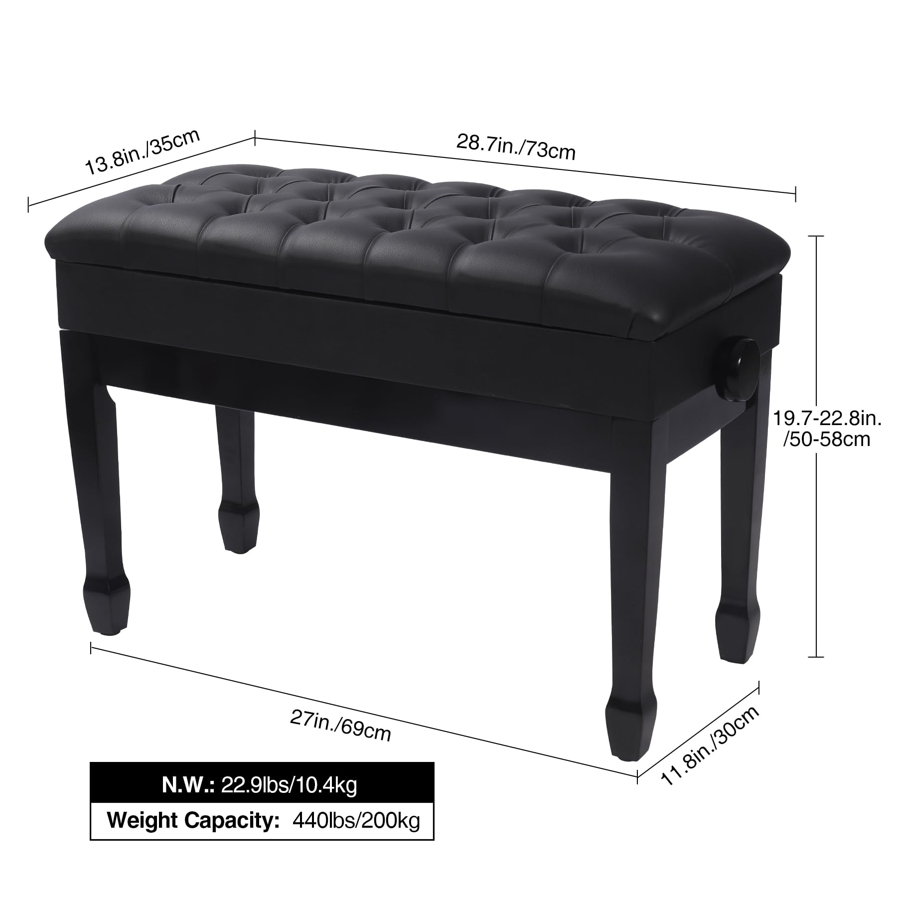 Adjustable Duet Piano Bench with Storage - Heavy Duty Wooden Double Keyboard Bench Seat with PU Leather Cushion - Black - Perfect for Piano Players, Music Teachers & Home Studios
