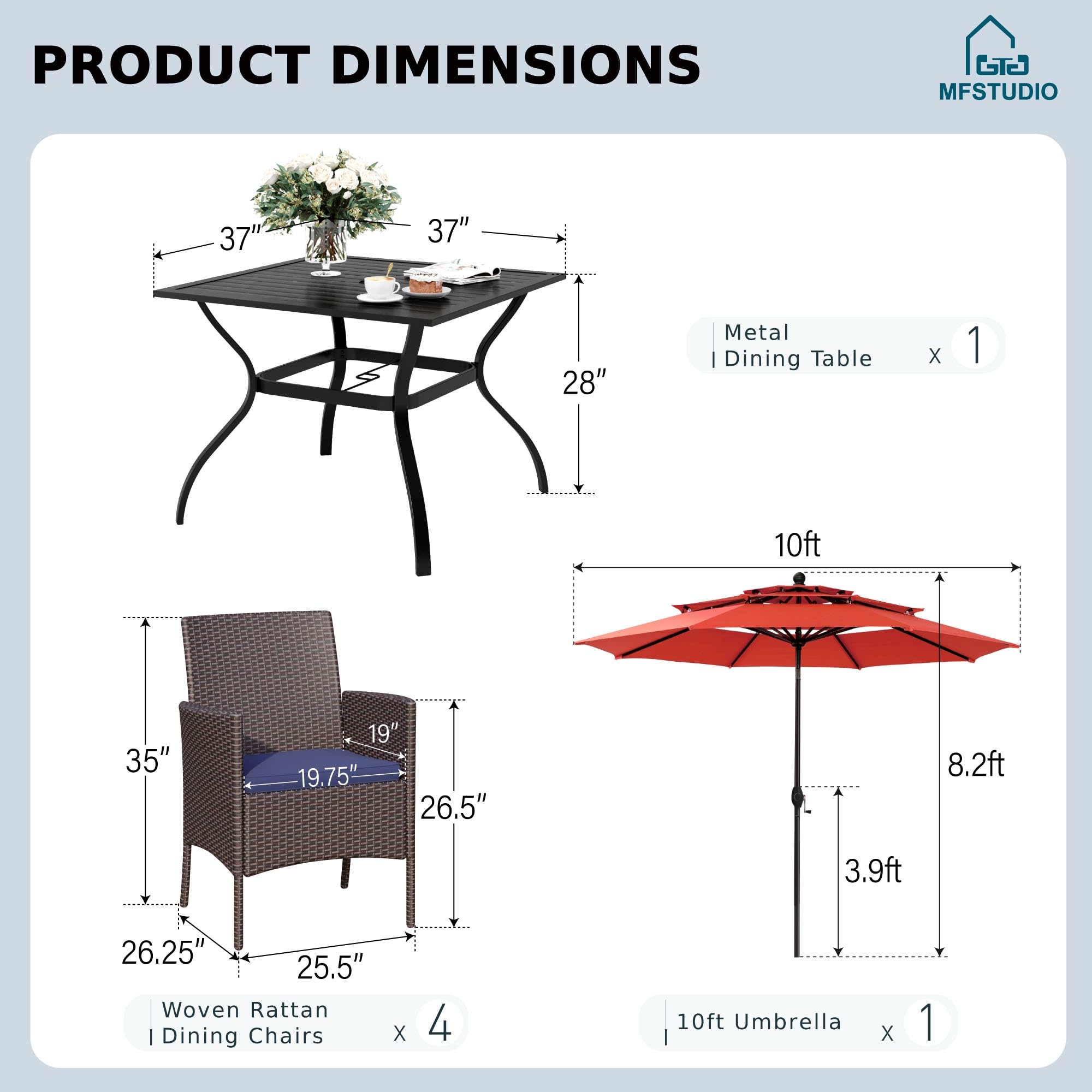 MFSTUDIO 6-Piece Outdoor Patio Dining Set for 4 with 10ft Umbrella - Square Wicker Table & Rattan Chairs - Weather-Resistant Garden Furniture for Backyard, Poolside, or Balcony (Orange Red)