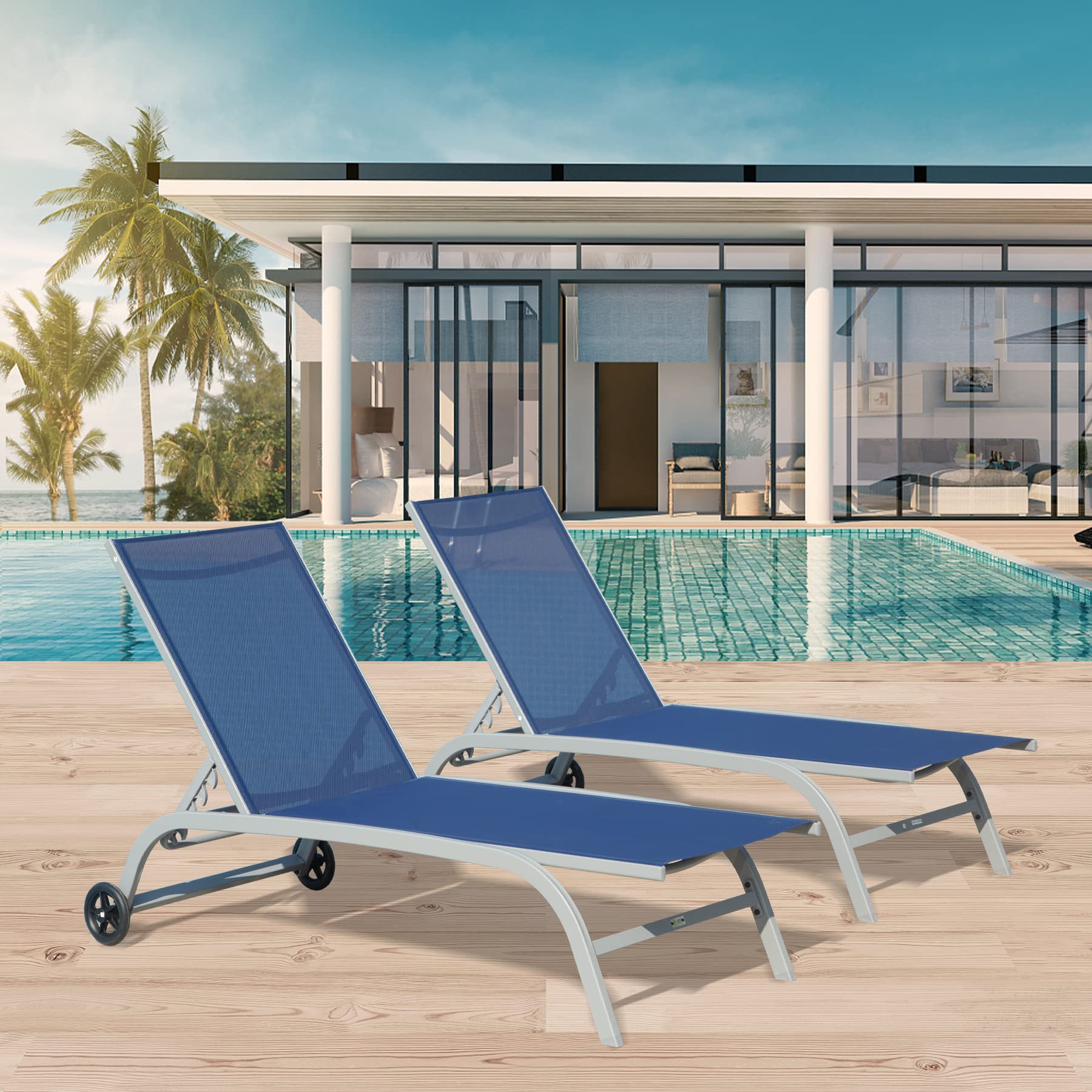 Domi Outdoor Chaise Lounge Set of 2 - Adjustable Poolside Lounge Chairs with Wheels & 5-Position Recline - Perfect for Patio, Beach, Yard, Deck & Backyard Relaxation | Blue Weather-Resistant Furniture for Sunbathing & Outdoor Lounging