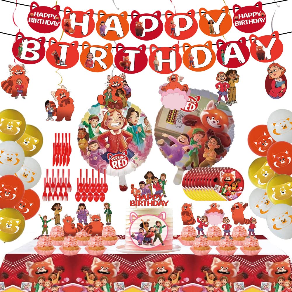 Turning Red Birthday Party Supplies Kit - Happy Birthday Banners, Hanging Spirals, Cake & Cupcake Decorations, Balloons, Tableware Set for Kids' Themed Celebrations - Perfect for Disney Pixar Movie Themed Parties, Birthday Decorations & Family Gatherings