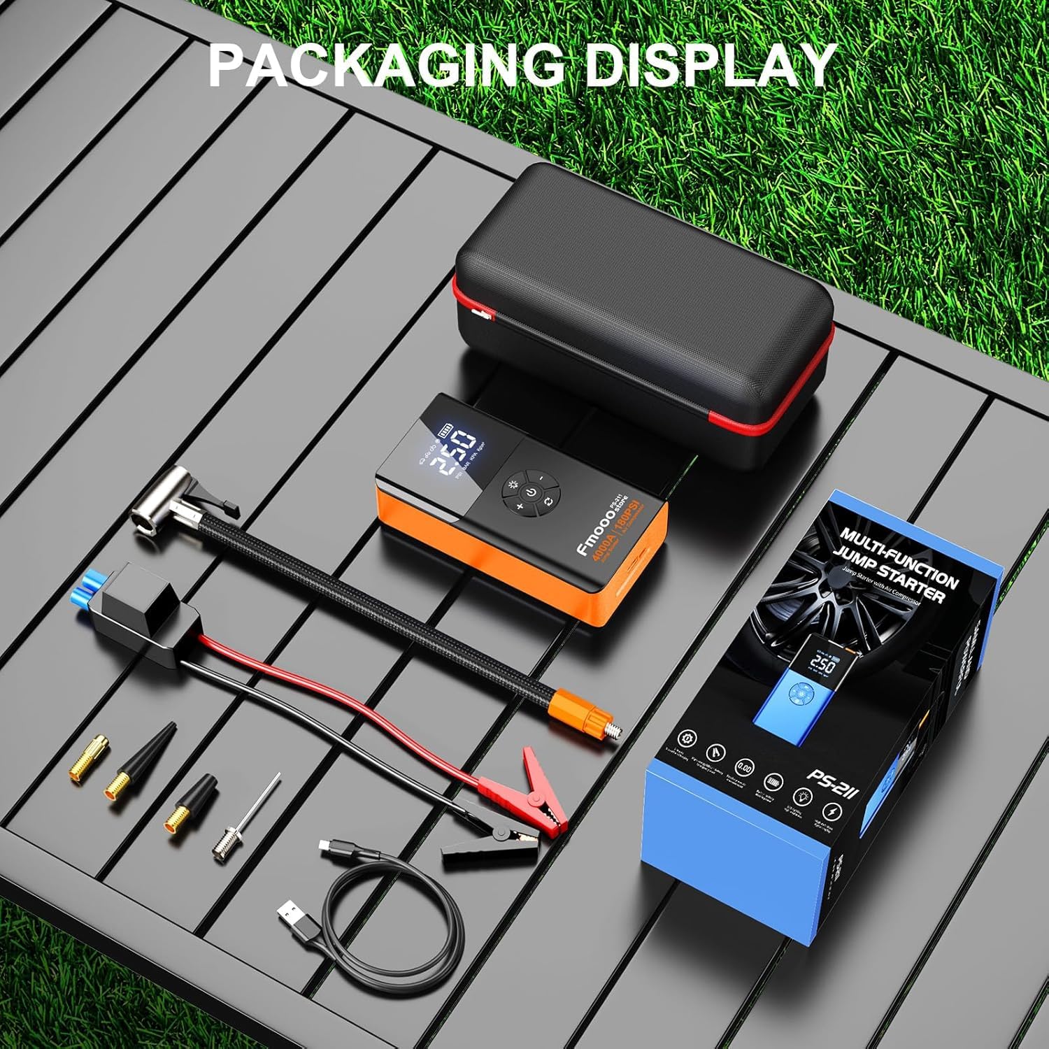 4000A 180PSI Portable Car Jump Starter with Air Compressor - 12V Battery Booster for 10L Gas/8L Diesel Engines - Emergency Car Battery Charger with LCD Display & LED Lights (Orange) - Perfect for Roadside Emergencies, Camping Trips & Winter Car Maintenance