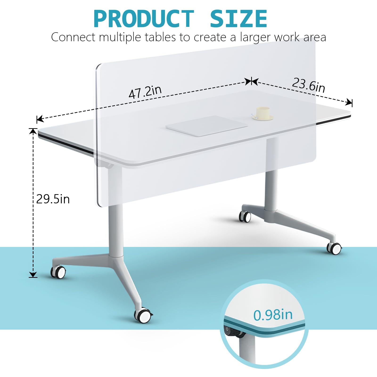 Foldable Conference Table with Wheels - White Rectangular Meeting Table for 2-10 People, Flip Top Design (47.2