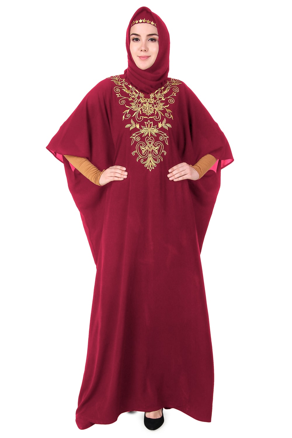 Embroidered Floral Gold Kaftan Dress for Women - Elegant Boho Maxi Dress for Beach, Party & Special Occasions