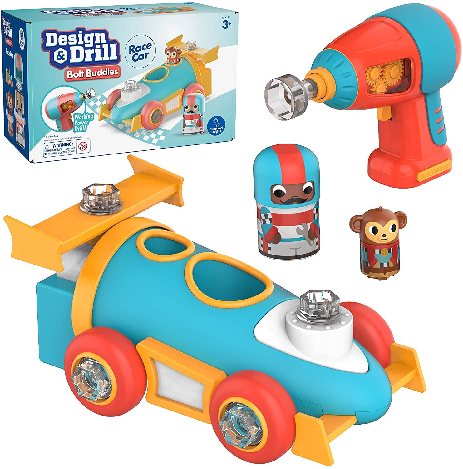 Educational Insights Design & Drill Bolt Buddies Race Car Toy - STEM Building Set with Electric Drill, Take Apart Construction Toy for Kids Ages 3+ | Perfect for Creative Play, Fine Motor Skills Development & Early Engineering Learning
