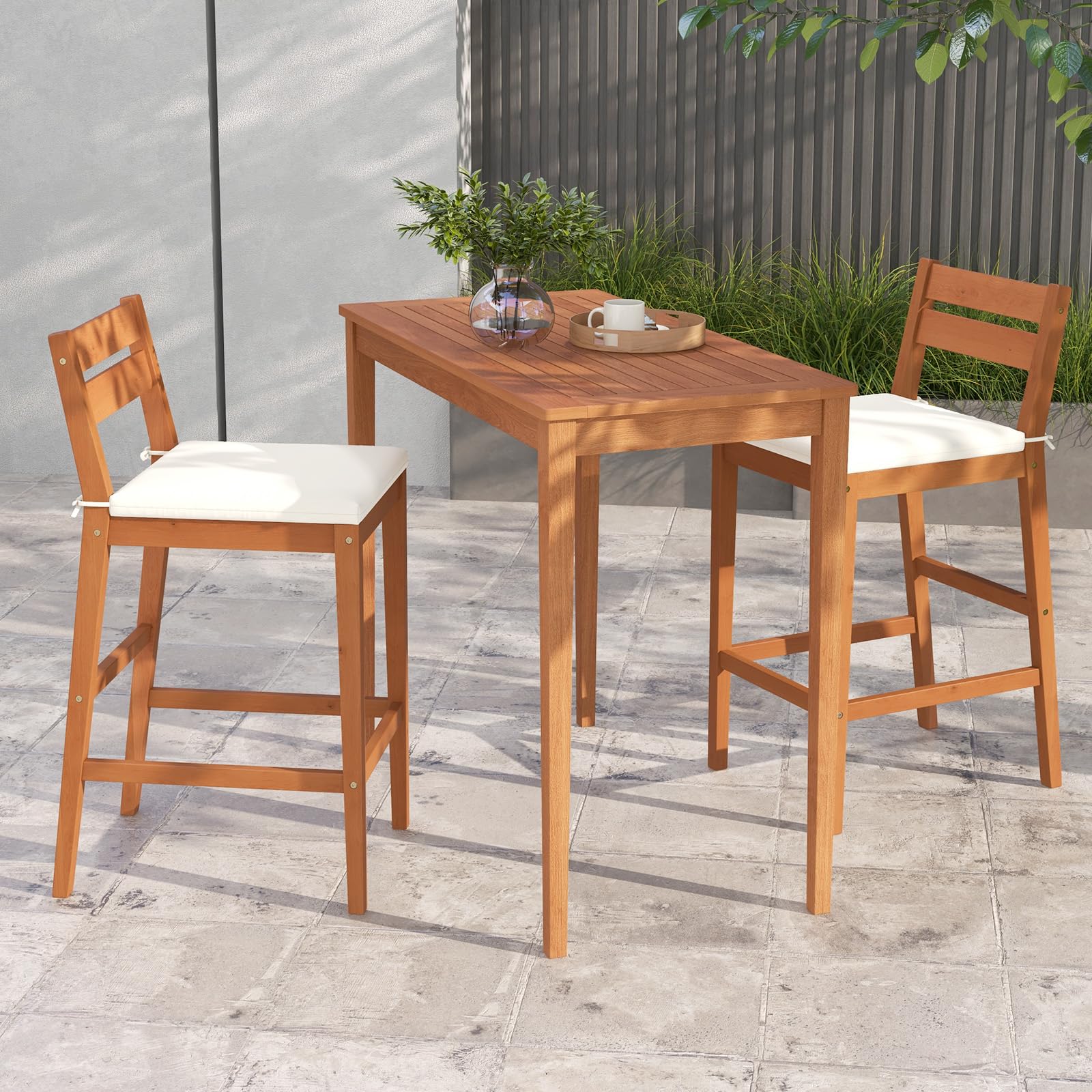 Tangkula 3-Piece Patio Bar Set - Eucalyptus Wood Outdoor Bar Table & Chairs with Cushions - Bistro Pub Dining Set for Garden, Yard, Poolside - Weather-Resistant & Durable - Perfect for Outdoor Entertaining & Relaxation