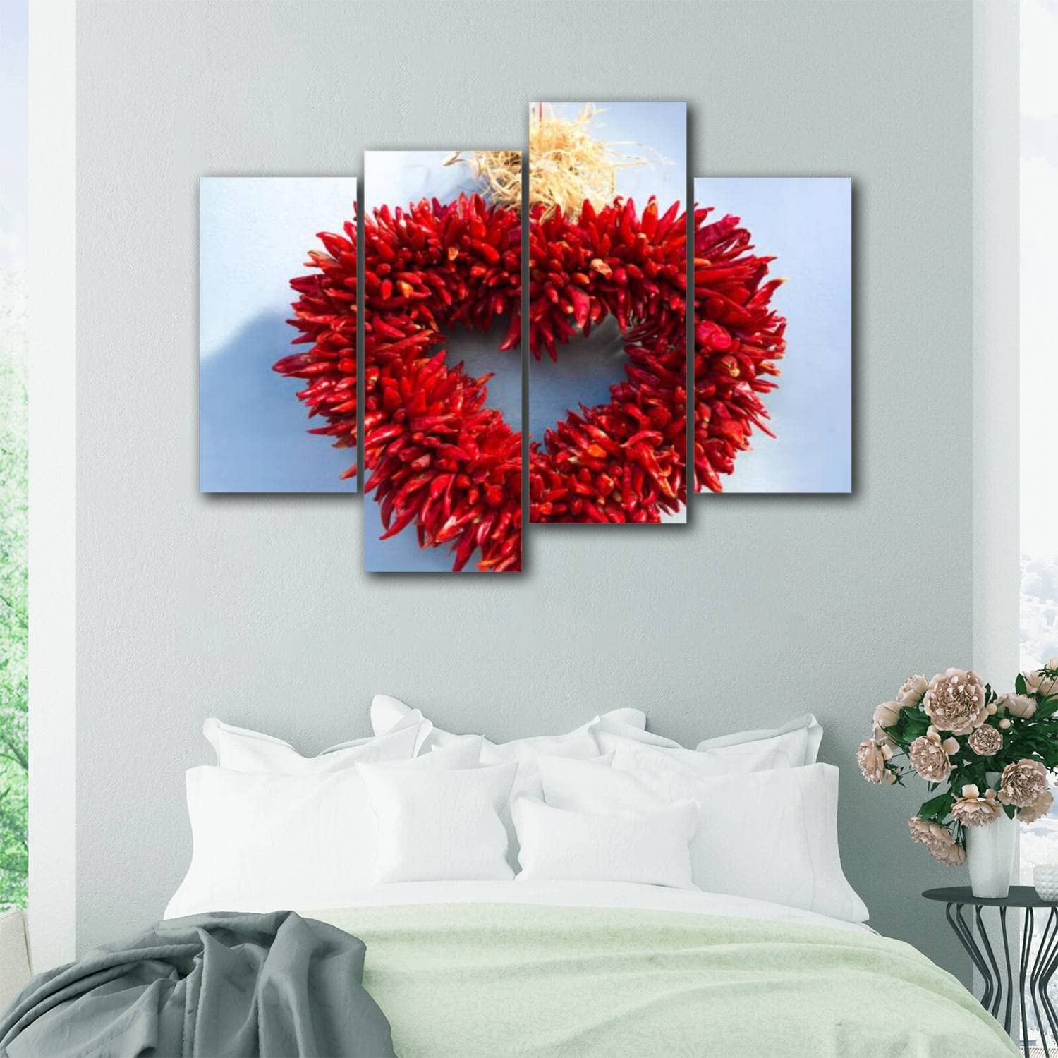 Santa Fe Style Chili Pepper Ristra Heart Shaped Wreath Wall Art - Blue Modern Canvas Painting (4 Panels) - Stretched & Framed Artwork for Living Room, Office, Home Decor - Perfect Southwestern Gift for Kitchen, Dining Room & Entryway