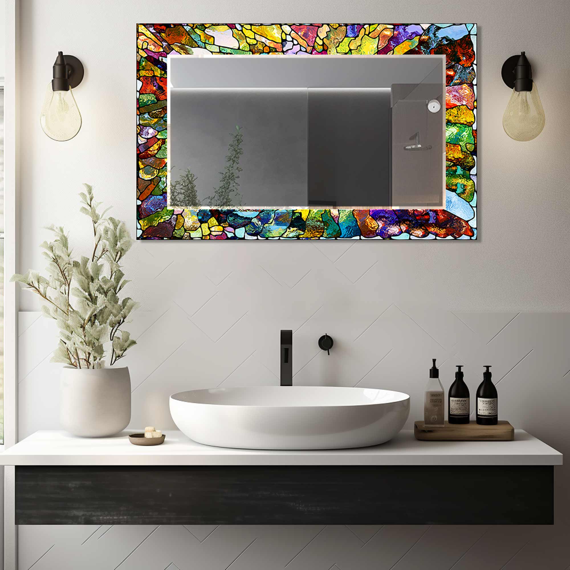 Vibrant Stained Glass Effect Tempered Mirror - Shatterproof Decorative Wall Mirror for Home Decor, Bathroom, Living Room & Bedroom