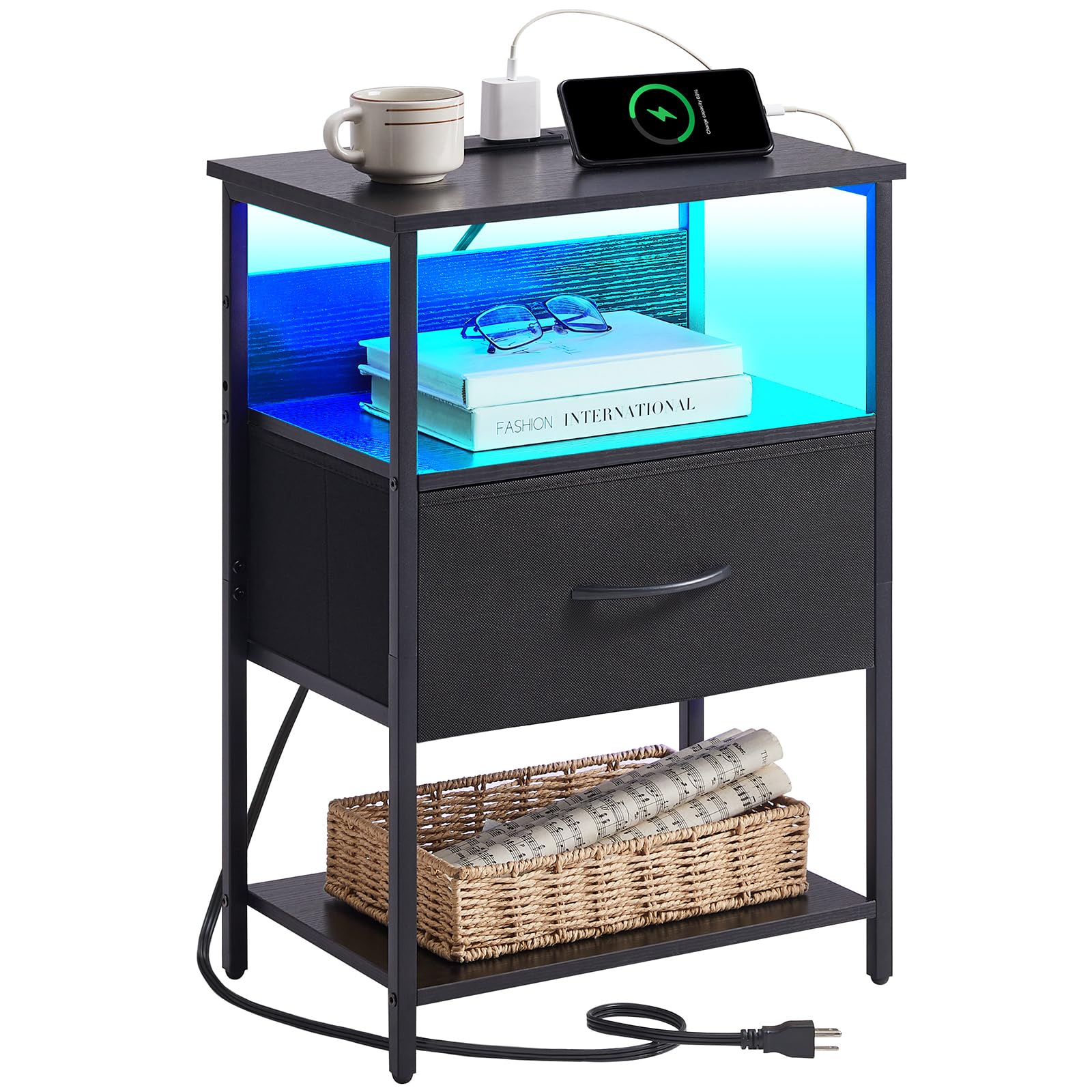Somdot Black Nightstand with USB Charging Station & LED Light - Modern Bedside Table for Bedroom, Dorm, Guest Room | Kids Nightstand with Storage for Laundry Closet, Entryway & Hallway (Black) - Perfect for Bedside Phone Charging & Bedroom Organization
