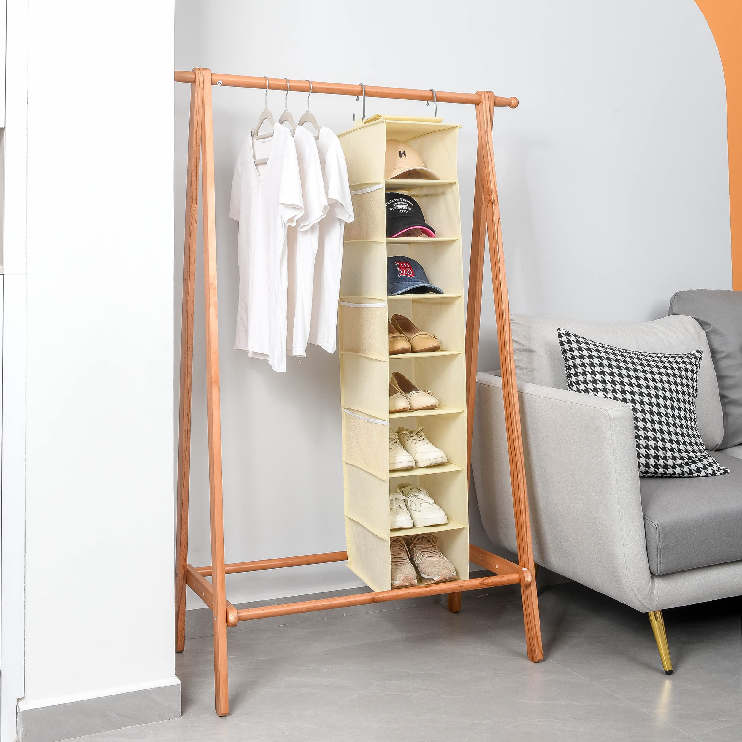 Hanging Shoe Organizer for Closet with Side Mesh Pockets - 8-Shelf Beige Shoe & Hat Storage Holder - Perfect for Baseball Caps, Sneakers & Accessories - Space-Saving Closet Organizer (1 Pack)