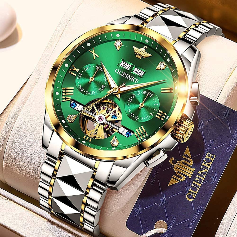 OUPINKE Men's Luxury Automatic Skeleton Watch with Diamond Accents - Self-Winding Mechanical Dress Watch - Sapphire Crystal & Tungsten Case - Perfect for Business, Formal Events & Gifting