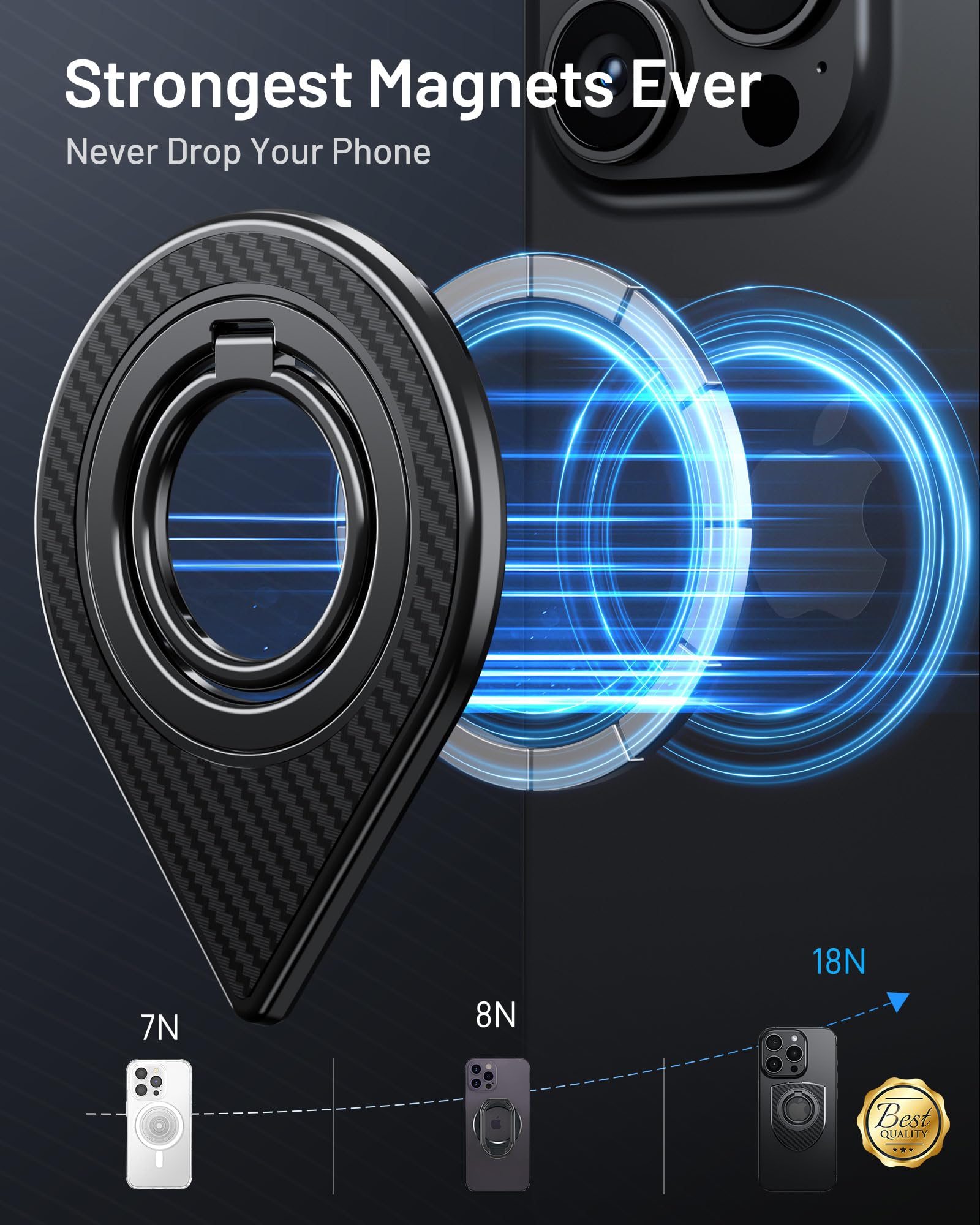 Double-Sided Magnetic Phone Grip - Strongest Magnetic Force for iPhone 15/14/13/12/11 Mini/Plus/Pro/Max & Samsung Galaxy - Removable MagSafe Ring Holder & Kickstand - Perfect for Driving, Video Calls & Hands-Free Use