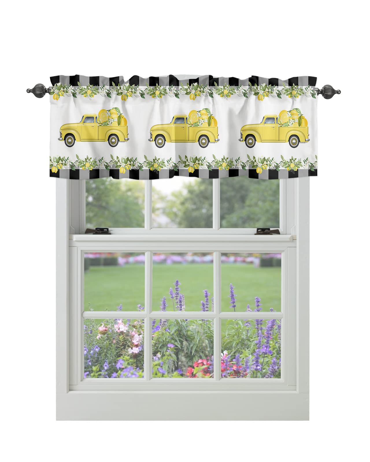 Lemon Floral Fruit Yellow Truck Kitchen Valances - Farmhouse Buffalo Check Window Treatment with Rod Pocket - 1 Panel (54x18 inches) - Perfect for Kitchen, Living Room & Bedroom Decor