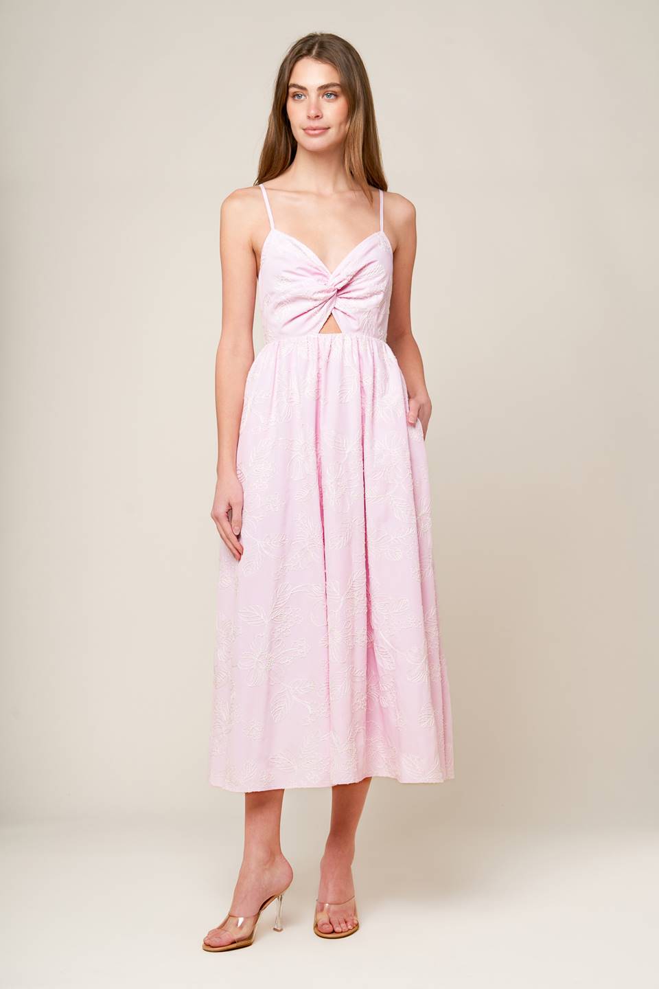 ALONG THE SHORE Pink Twist Front Midi Dress - Flowy Summer Beach Dress for Women, Perfect for Vacations, Dates & Outdoor Parties