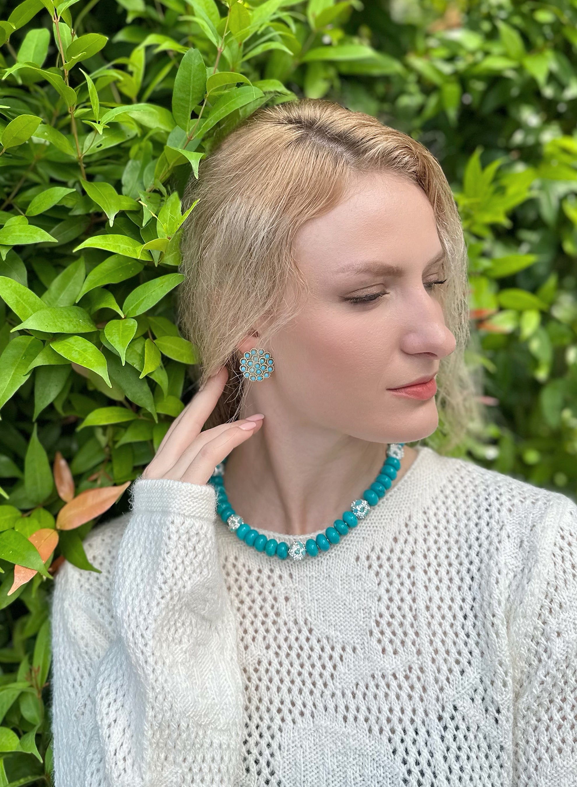 Exquisite Turquoise Rhinestone Statement Necklace KN014 - Elegant Jewelry for Women, Perfect for Parties, Weddings & Special Occasions
