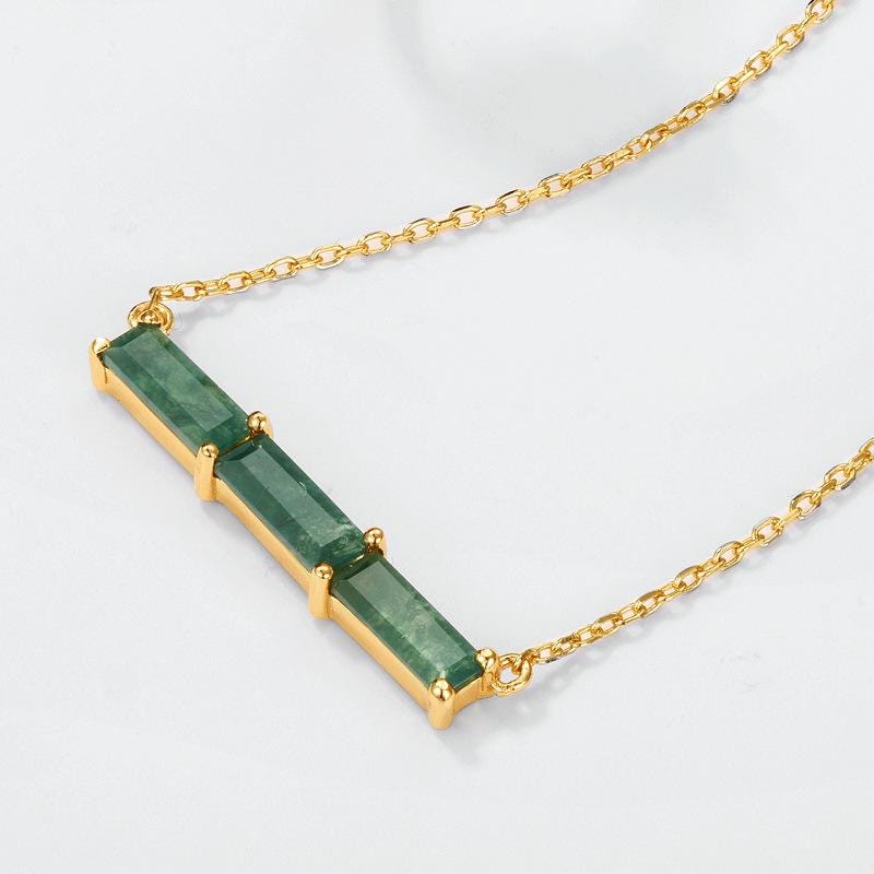 Minimalist Baguette Cut Moss Agate Wedding Set – Solitaire Yellow Gold Pendant Necklace & Rose Gold Agate Earrings – Anniversary Gifts for Her – Perfect for Bridal Jewelry, Engagement, and Special Occasions