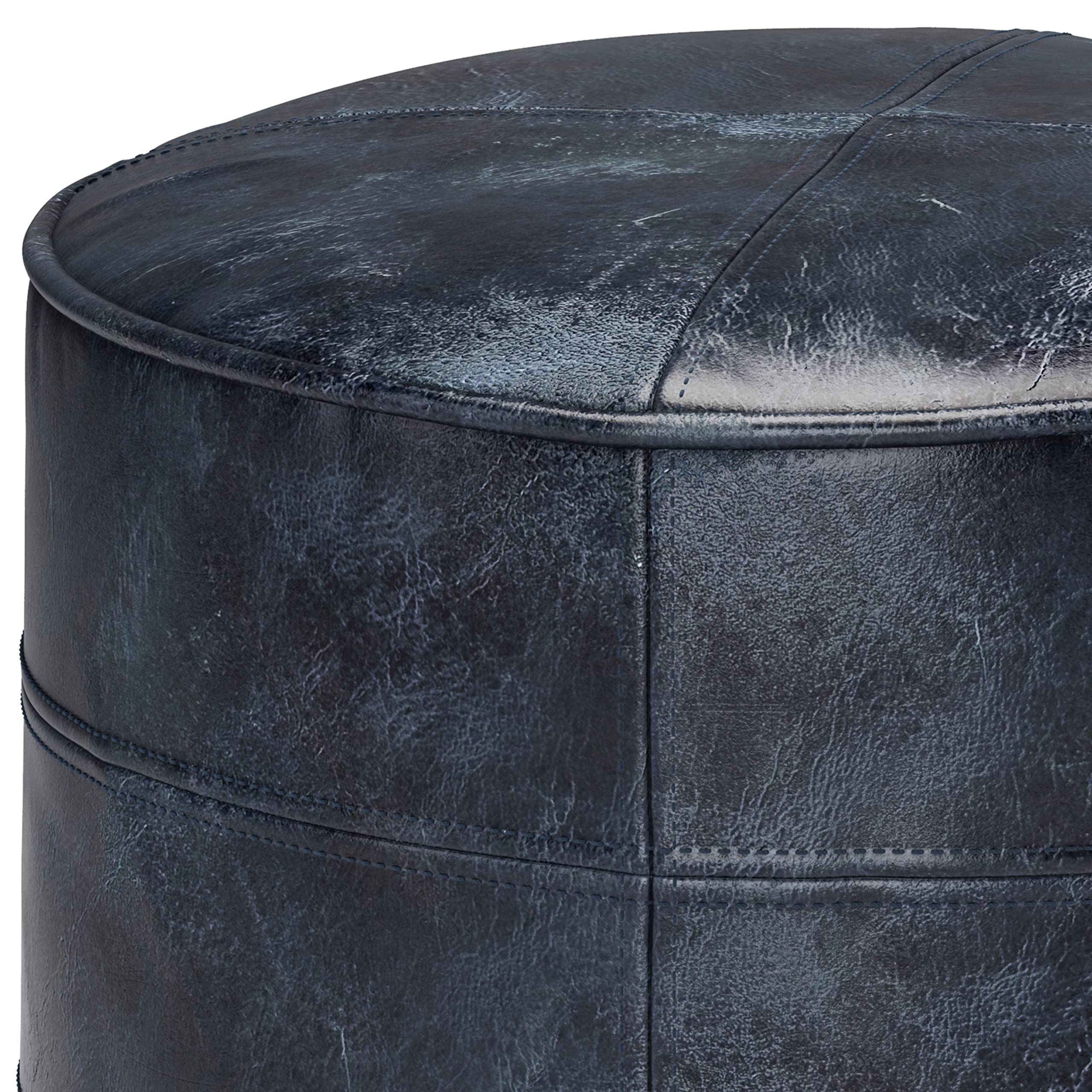 SIMPLIHOME Connor Boho Round Pouf Ottoman - Distressed Navy Blue Genuine Leather Footstool | Perfect for Living Room, Bedroom & Kids Room Decor | Cozy Seating & Stylish Accent Piece