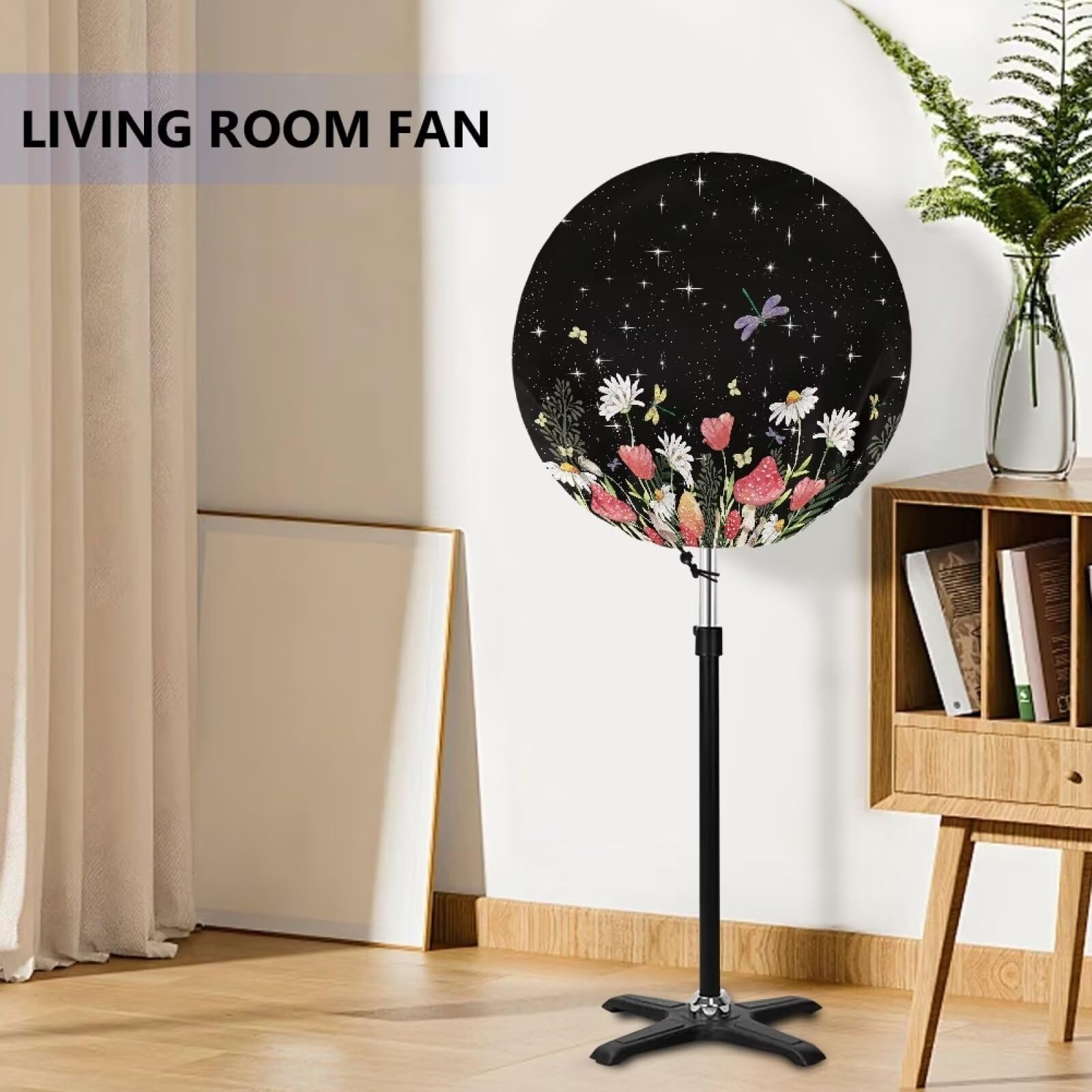 Waterproof Dustproof Industrial Outdoor Floor Fan Cover with Drawstring - Daisy Mushroom & Dragonfly Round Design for Patio, Garage, Workshop, and Poolside Use