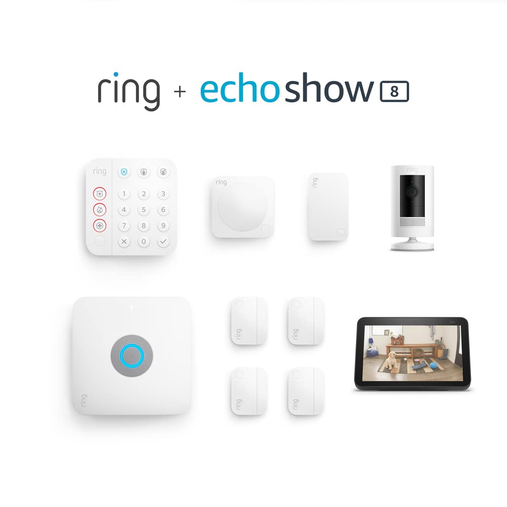 Ring Alarm Pro 8-Piece Home Security Kit with Stick Up Cam Battery (White) & Echo Show 8 (2nd Gen, Charcoal) - Smart Home Protection System for Indoor/Outdoor Monitoring & Alexa Voice Control