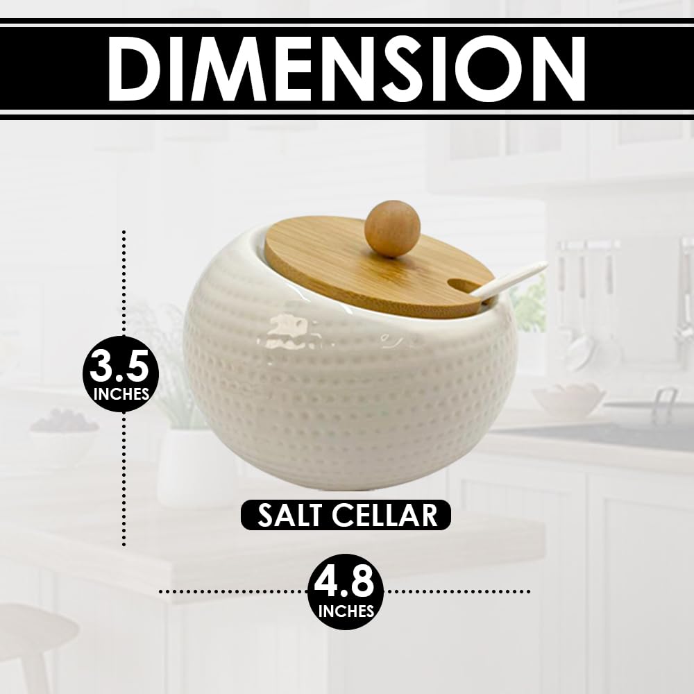 Premium 2-Piece White Ceramic Salt Cellar Set with Bamboo Lid - Stylish Kitchen Essential for Salt, Spices & Seasonings - Perfect for Cooking, Baking & Tabletop Display (4.84 x 3.45 Inches)