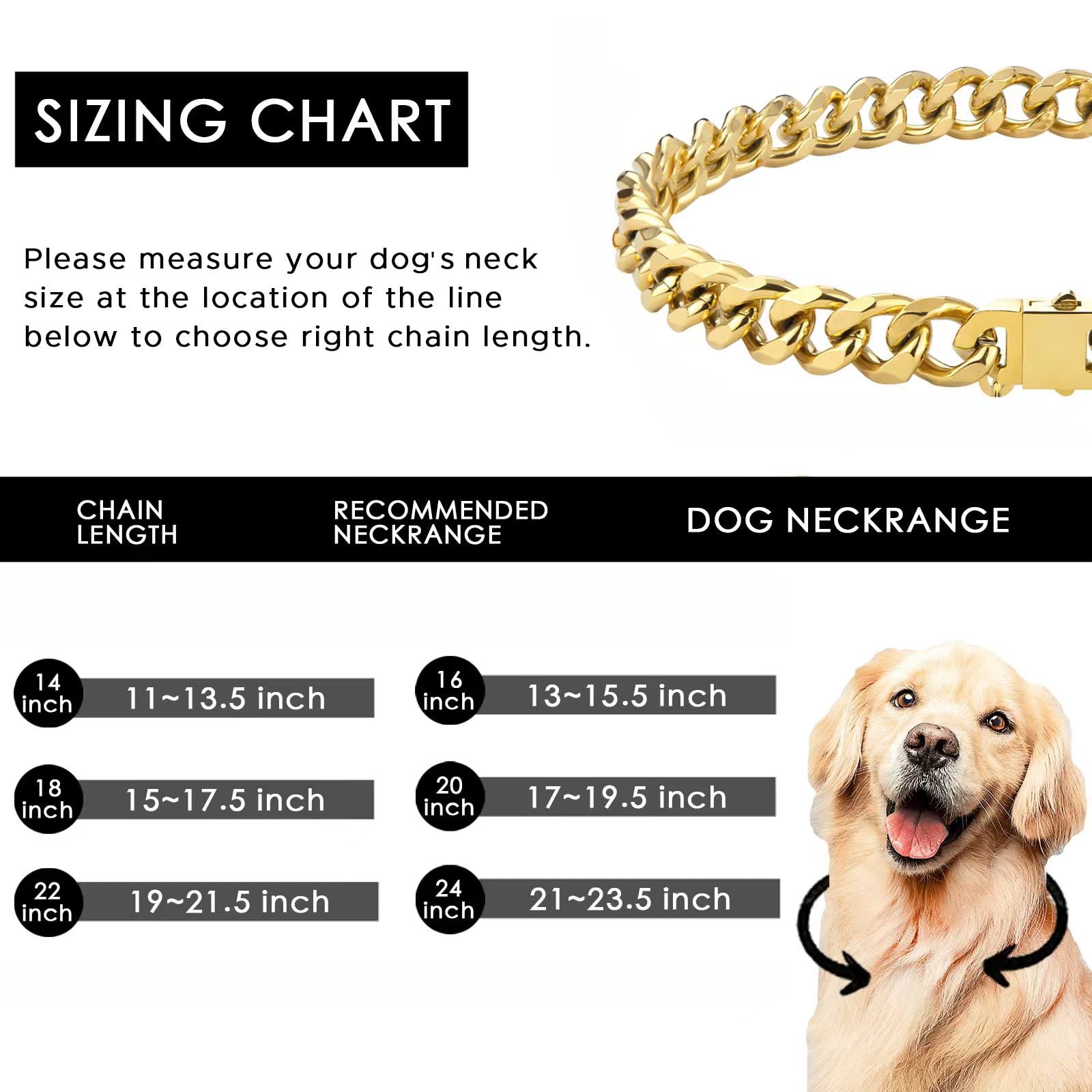 Personalized Gold Chain Dog Collar with Bling Zircons - Heavy Duty Chew Proof Cuban Link Metal Necklace for Medium & Large Dogs - Perfect for Pet Fashion, Special Occasions & Daily Walks (Letter M, 16IN)