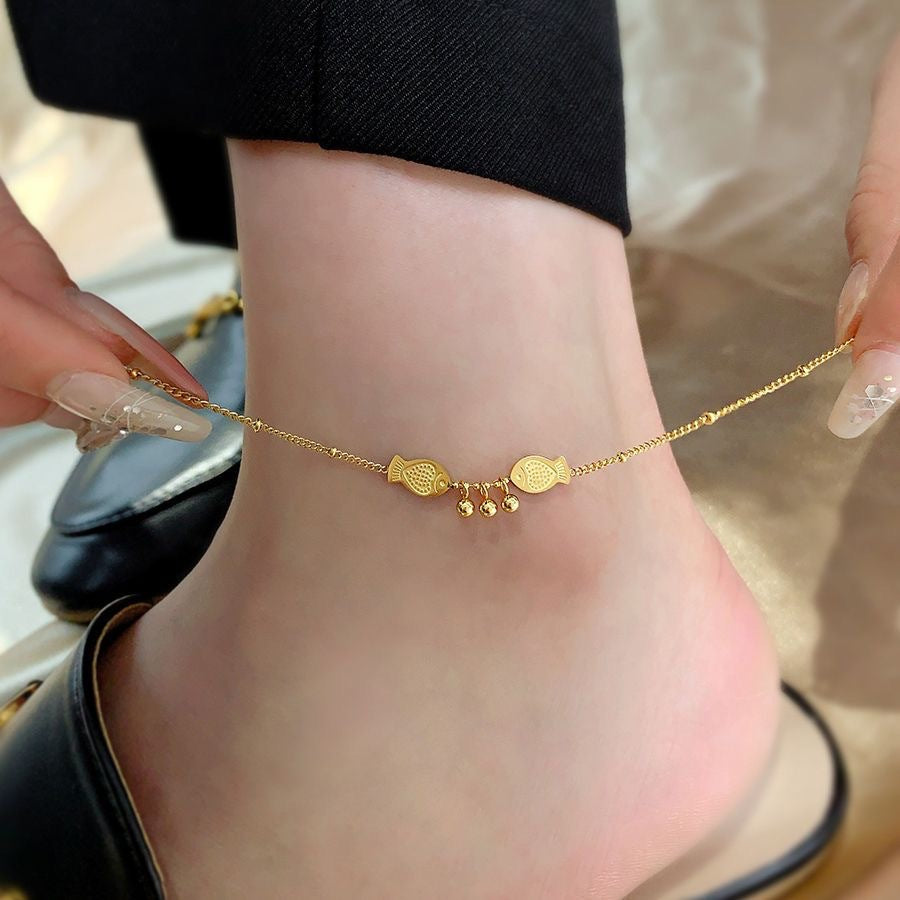 Titanium Gold Fish Charm Beaded Chain Anklet Bracelet for Women | Adjustable Ankle Jewelry for Summer Beach, Boho Style, Gift Idea | TB6763