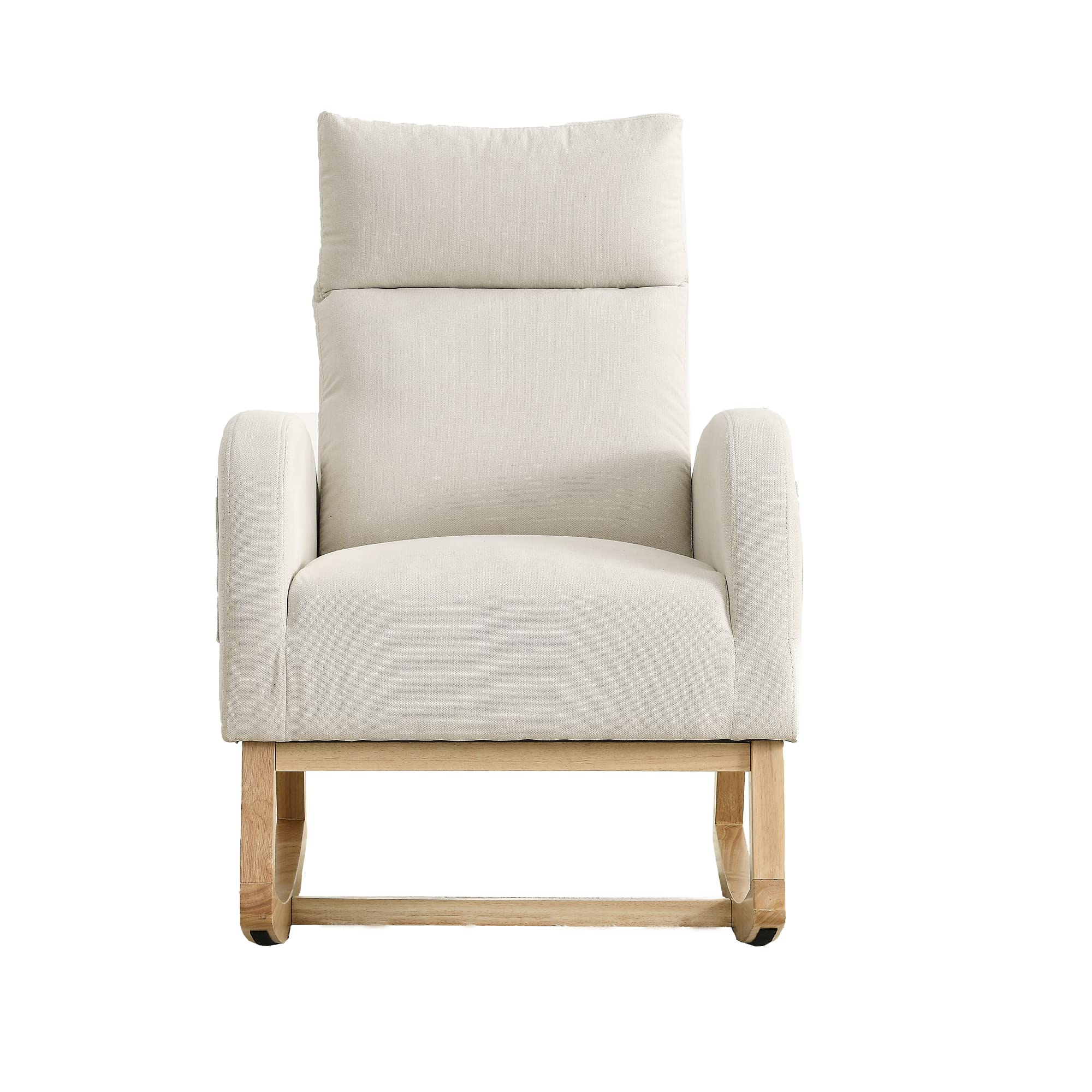 Modern Accent Upholstered Rocking Chair with High Backrest - Comfy Fabric Armchair with Side Pocket & Wood Base - Mid-Century Lounge Chair for Living Room, Office, Nursery - Perfect for Relaxing, Reading & Nursing (Beige)