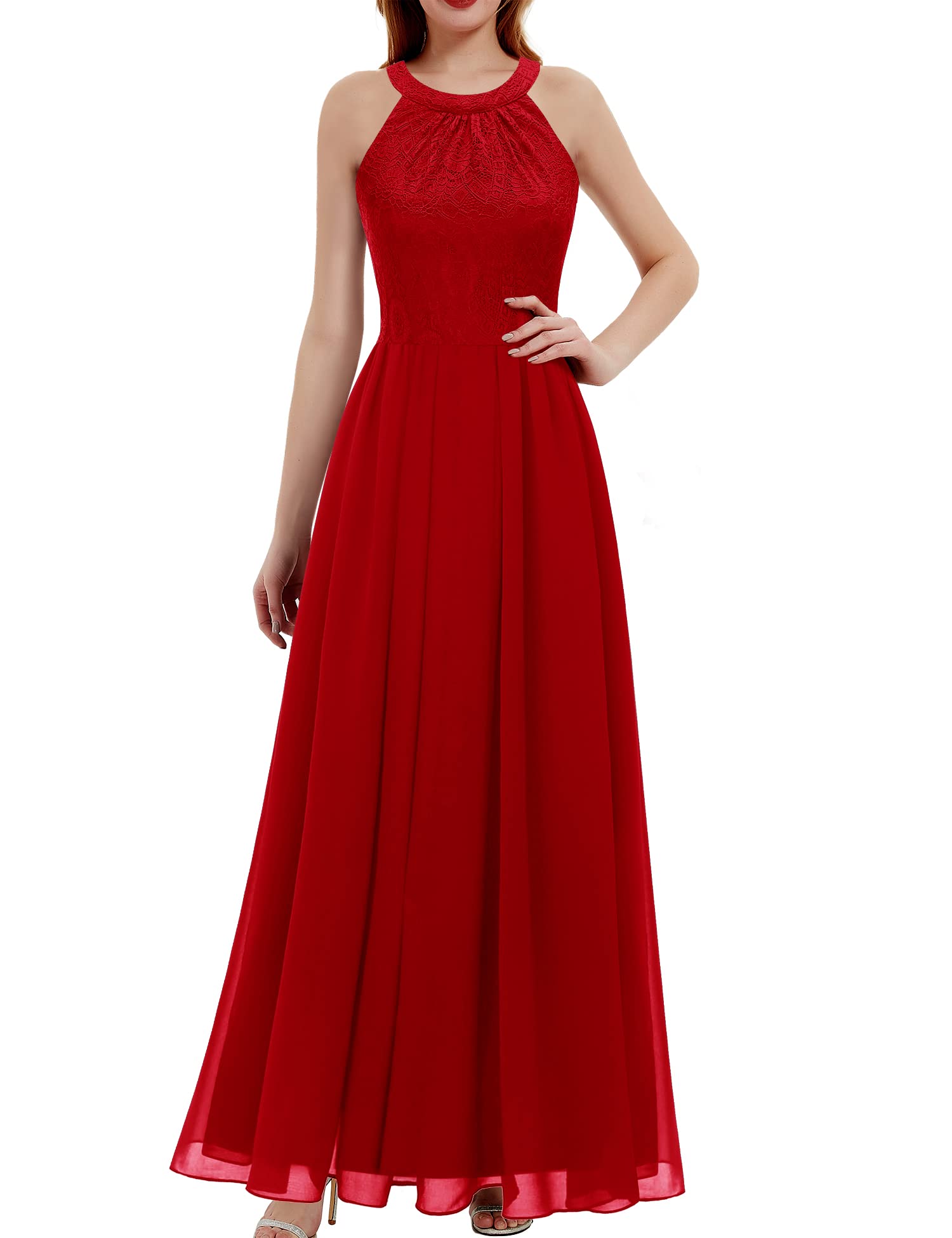 Elegant Women's Long Formal Dress 2024 - Halter Lace Wedding Guest Dress, Bridesmaid & Cocktail Party Gown for Spring Prom, Evening Events & Special Occasions