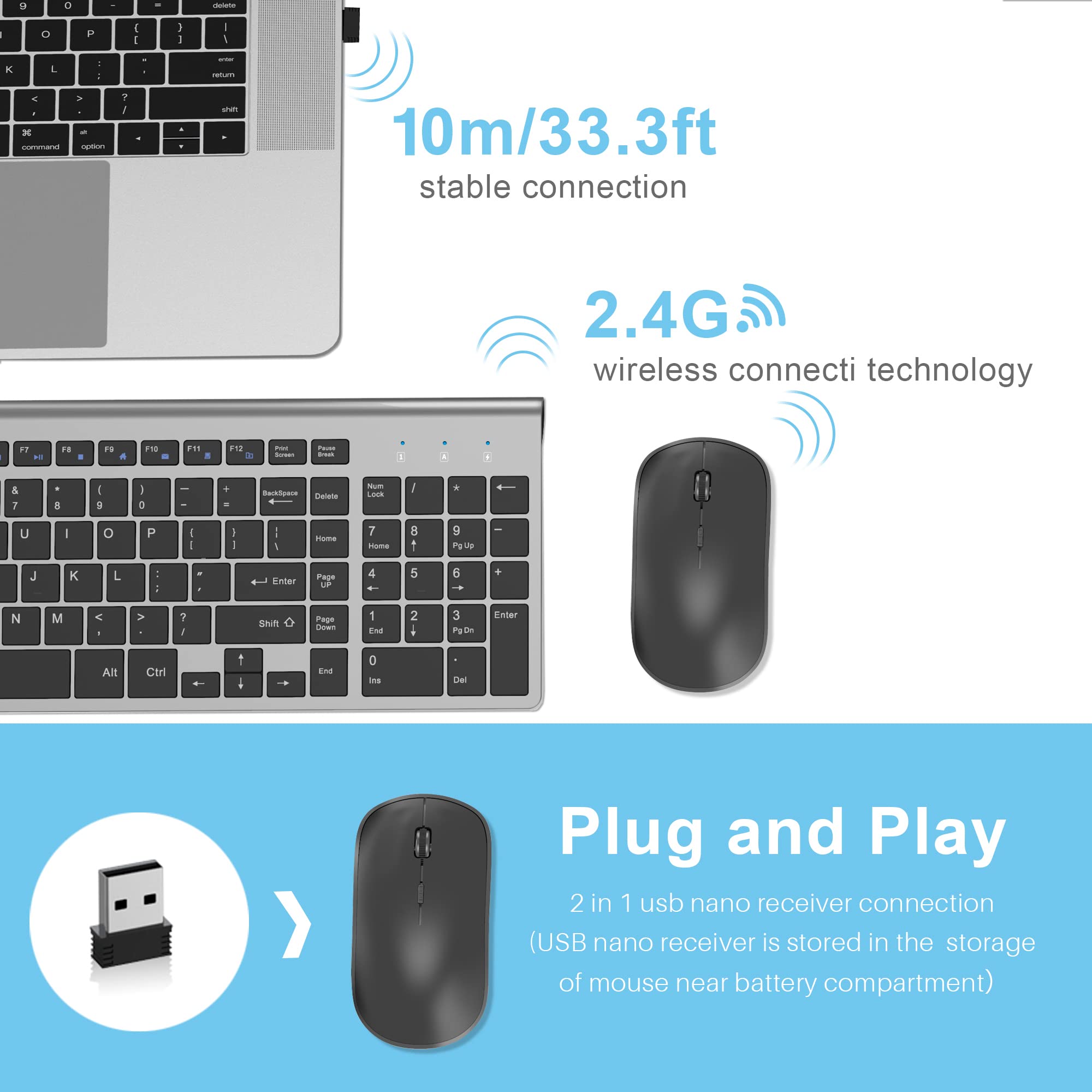 JOYACCESS 2.4G Wireless Keyboard and Mouse Combo - Ultra Slim Compact Design for Windows PC, Laptop, Desktop Computer (Grey) | Perfect for Office Work, Home Use, and Gaming