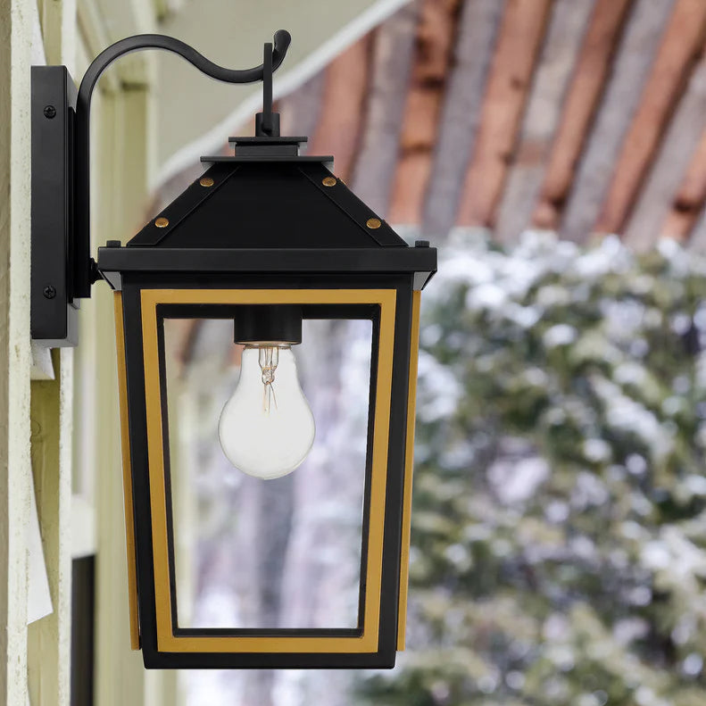 Hawkins Stainless Steel & Glass Outdoor Wall Sconce Light - 7.25x14 Inch Matte Black with Gold Finish - E26 LED Bulb Socket 120V - Weatherproof for Patio, Garden, Porch, Exterior Walls & Entryway Lighting